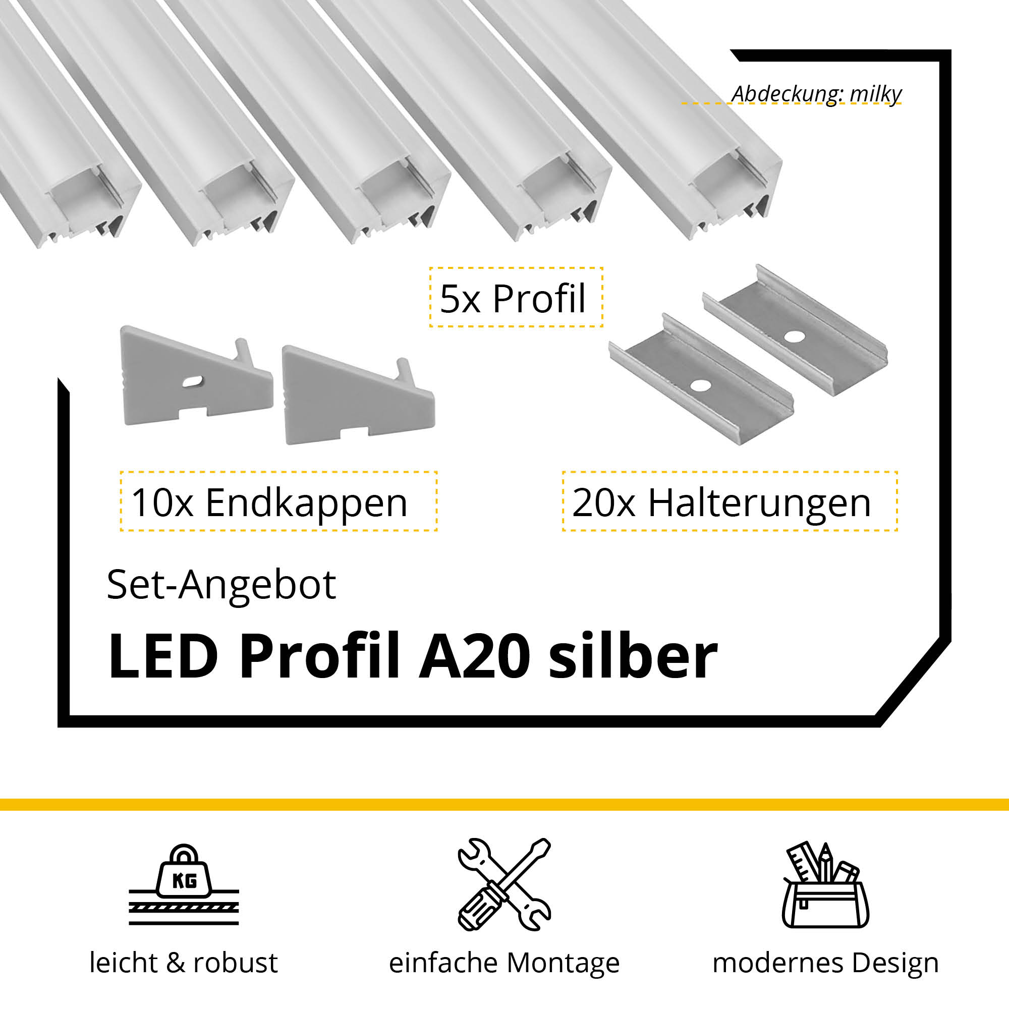 5x A20 LED Profil 2m - Silber inkl. Abdeckung, Halter & Endkappen 5x A20 LED Profil 2m - Silber inkl. Abdeckung milky, Halter & Endkappen