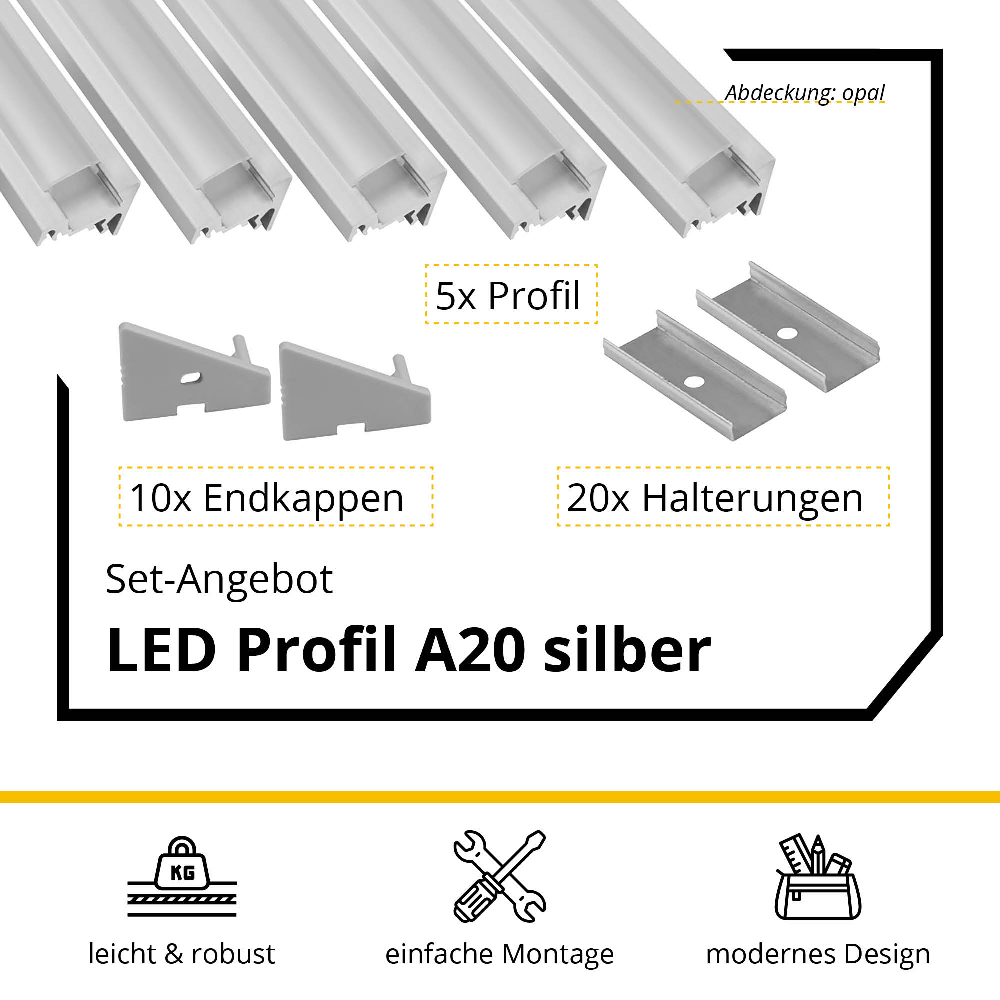 5x A20 LED Profil 2m - Silber inkl. Abdeckung, Halter & Endkappen 5x A20 LED Profil 2m - Silber inkl. Abdeckung opal, Halter & Endkappen