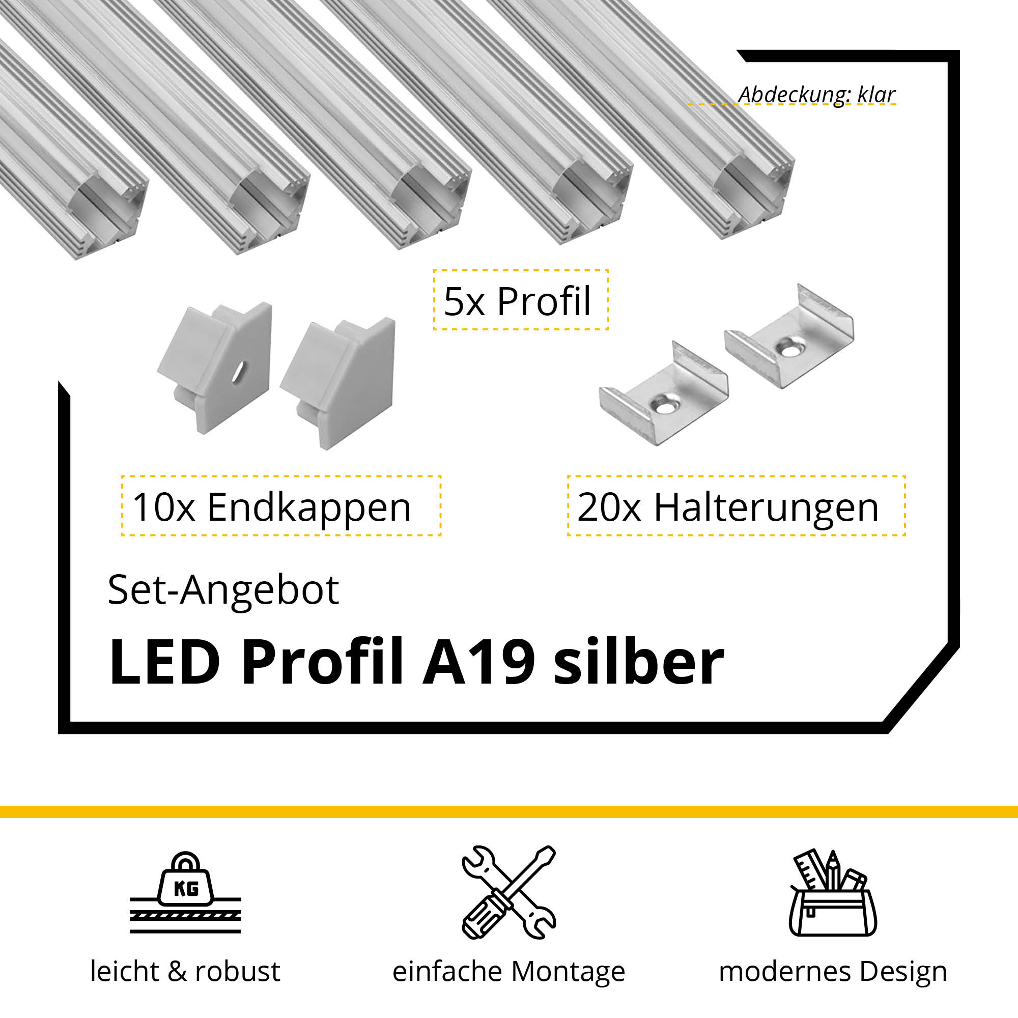 5x A19 LED Profil 2m - Silber inkl. Abdeckung klar, Halter & Endkappen
