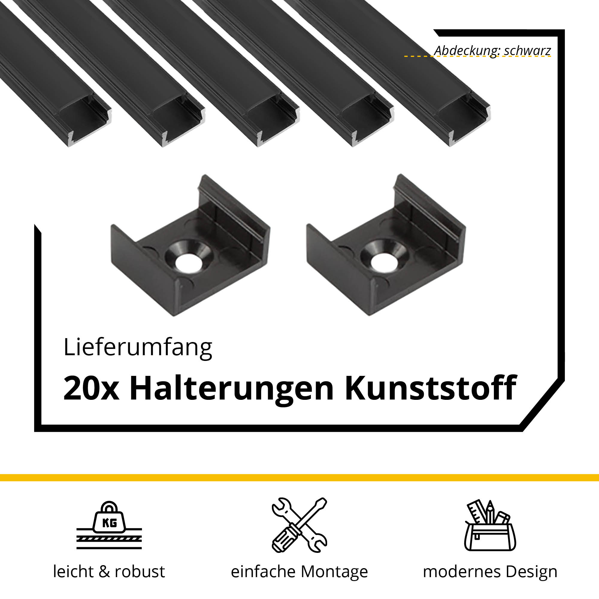 5x A15 LED Profil 2m - Schwarz inkl. Abdeckung schwarz, Halter & Endkappen 5x A15 LED Profil 2m - Schwarz inkl. Abdeckung schwarz, Halter & Endkappen