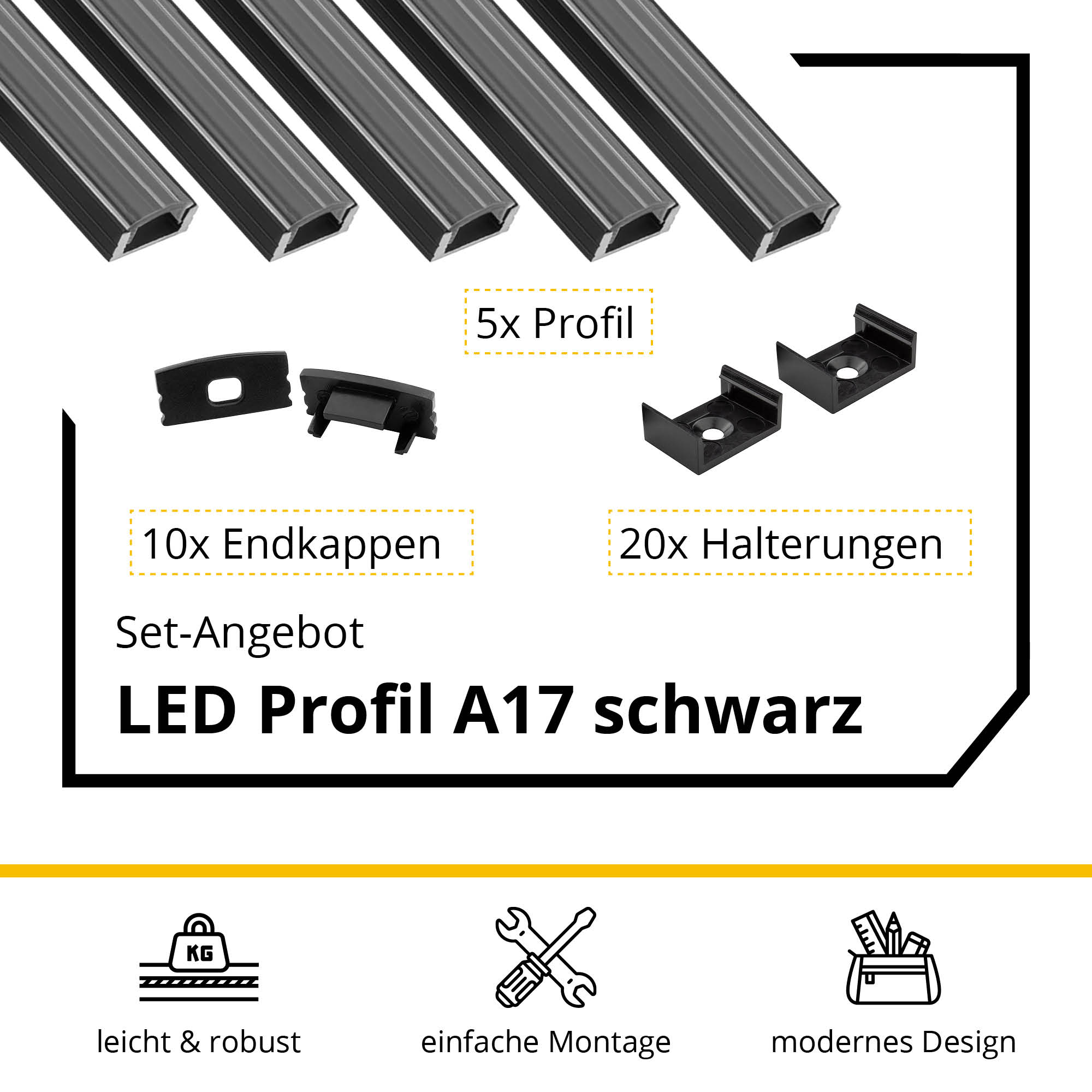 5x A17 LED Profil 2m - Schwarz inkl. Abdeckung, Halter & Endkappen 5x A17 LED Profil 2m - Schwarz inkl. Abdeckung klar, Halter & Endkappen