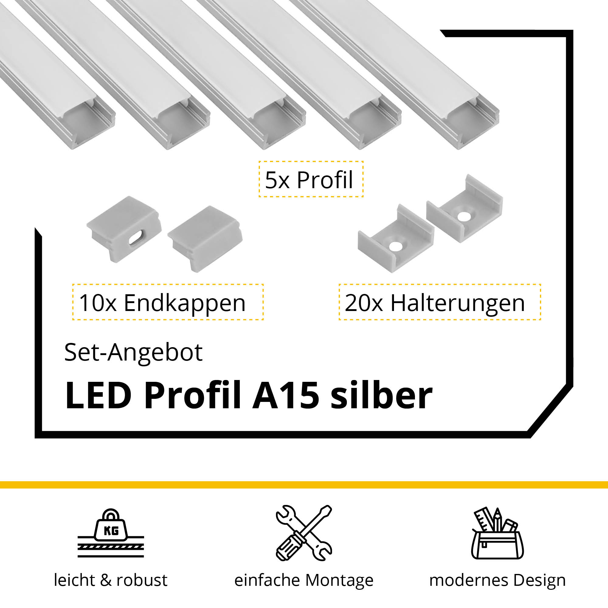 5x A15 LED Profil 2m - Silber inkl. Abdeckung milky, Halter & Endkappen