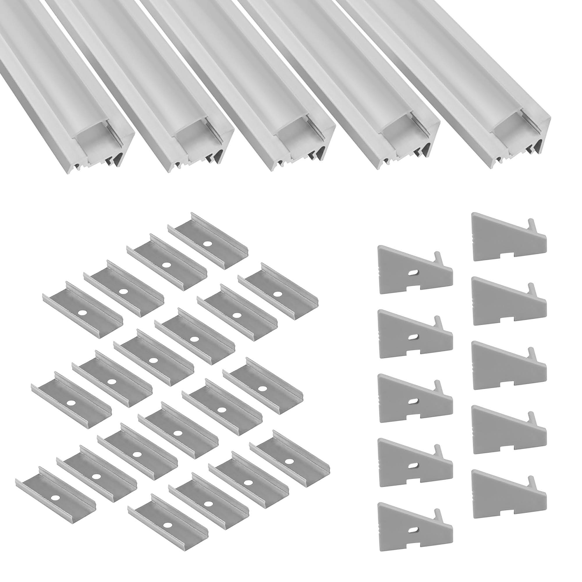5x A20 LED Profil 2m - Silber inkl. Abdeckung opal, Halter & Endkappen