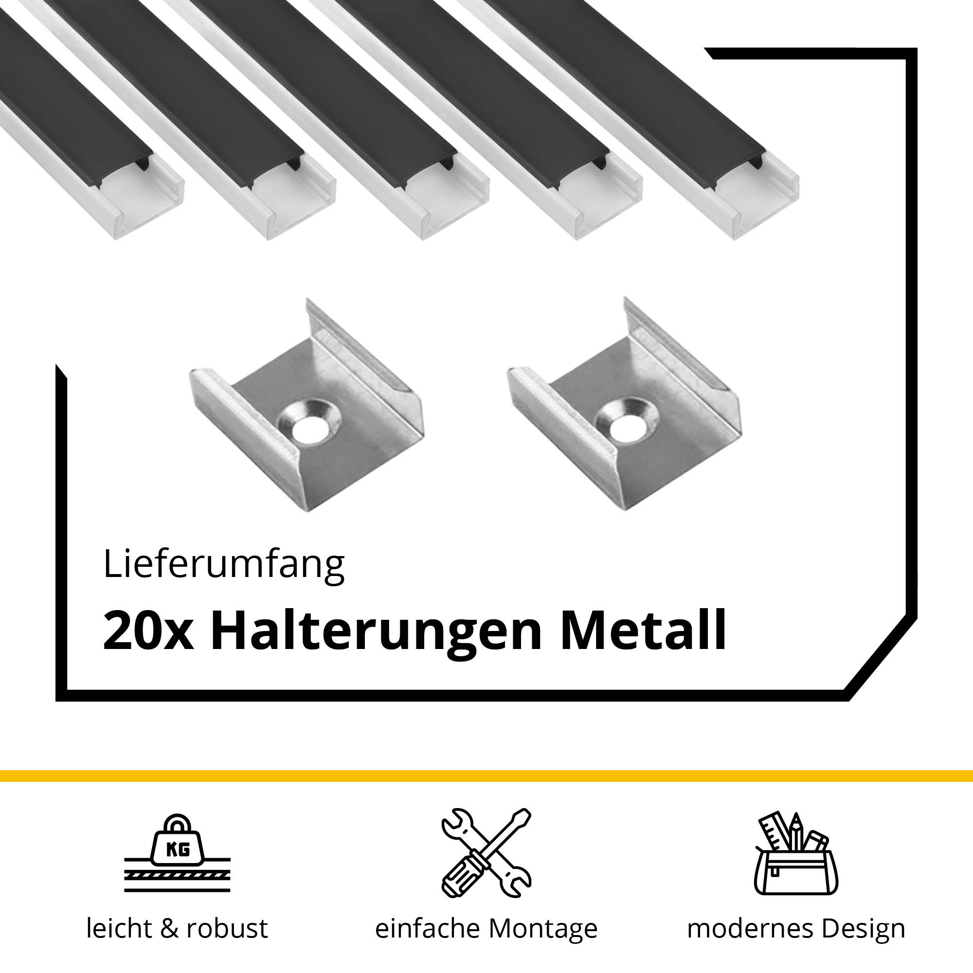 5x A15 LED Profil 2m - Weiss inkl. Abdeckung schwarz, Halter & Endkappen