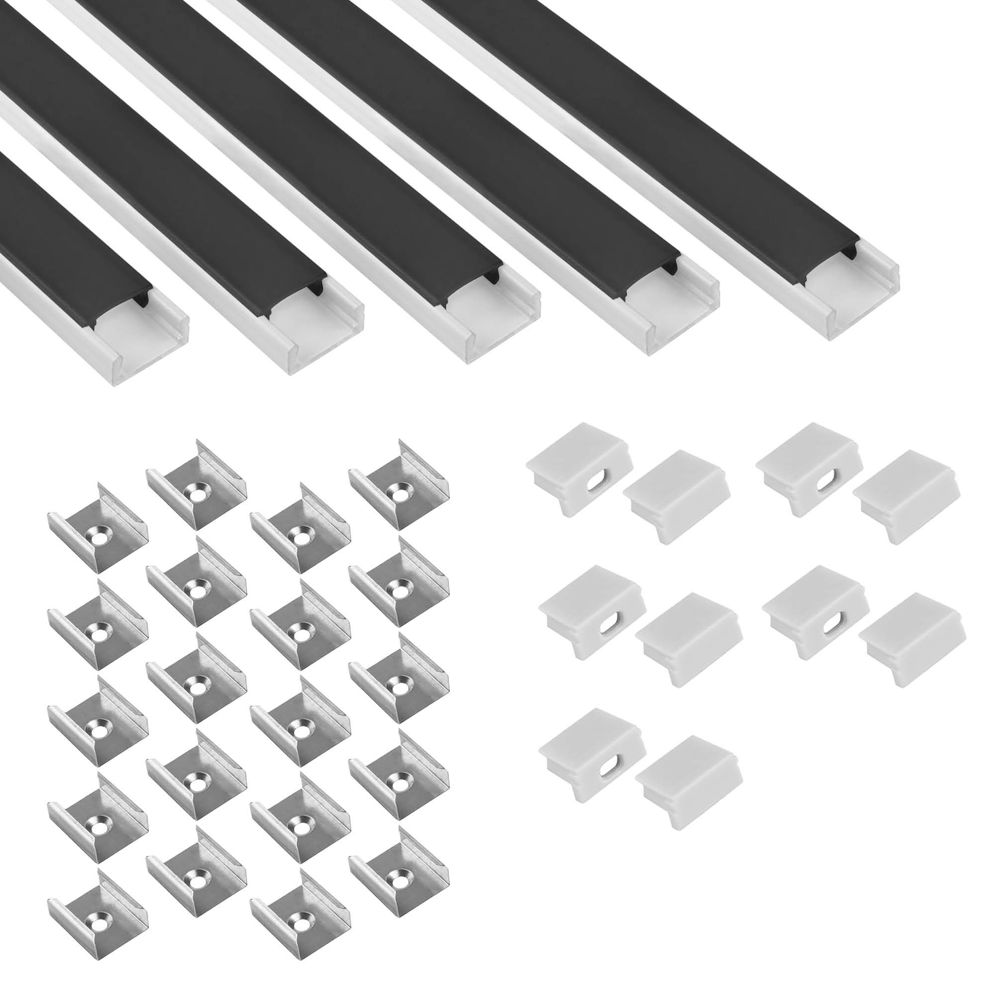 5x A15 LED Profil 2m - Weiss inkl. Abdeckung schwarz, Halter & Endkappen