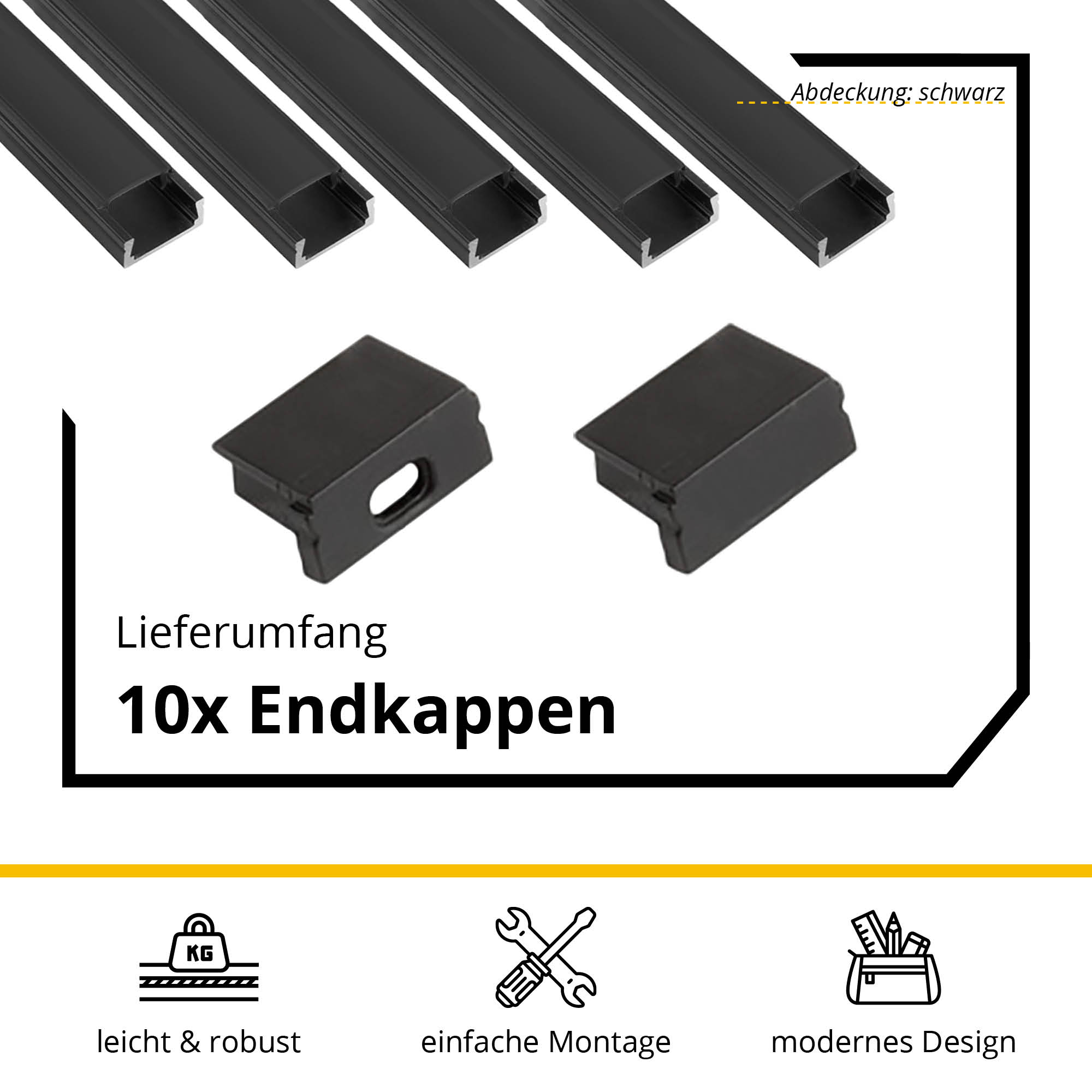 5x A15 LED Profil 2m - Schwarz inkl. Abdeckung schwarz, Halter & Endkappen