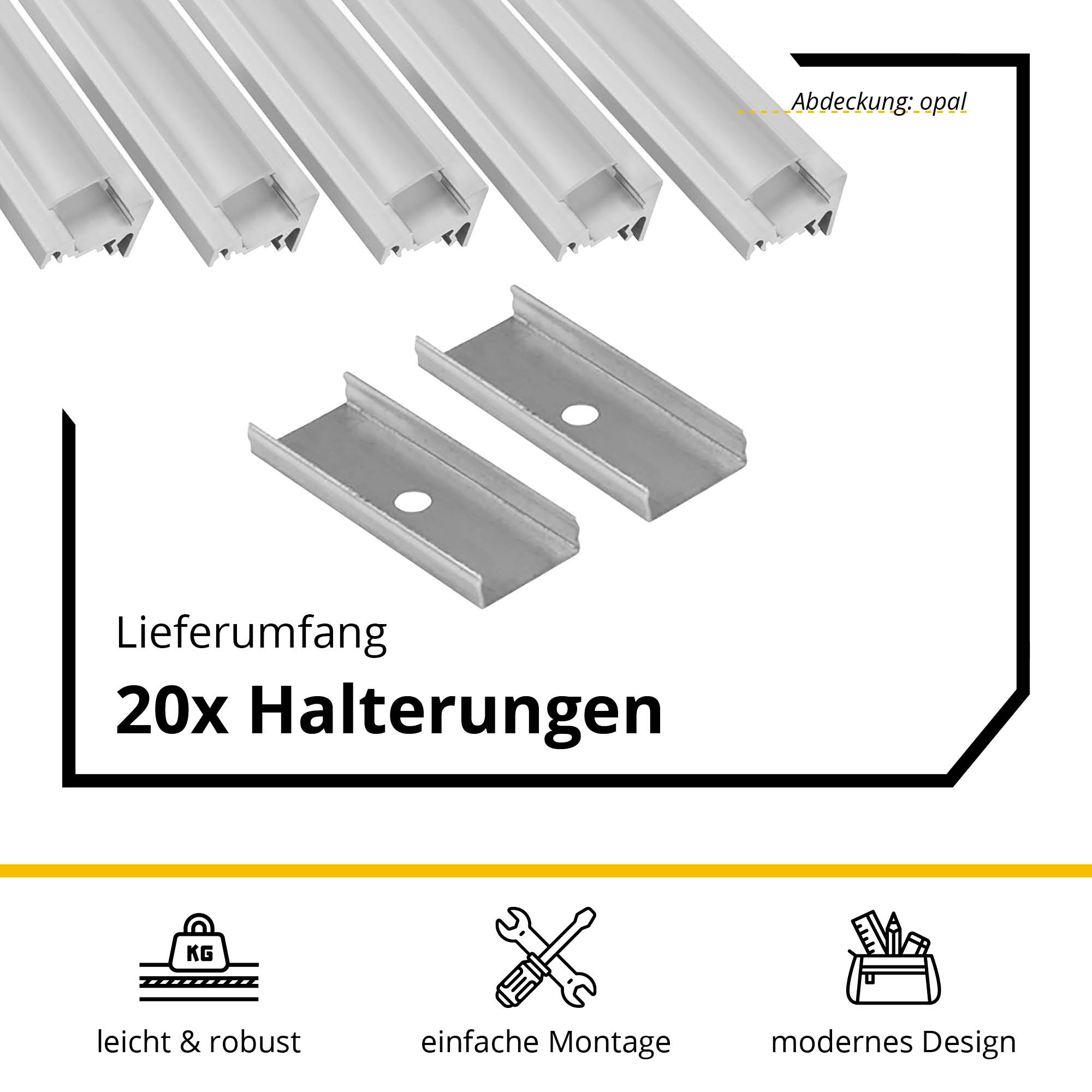 5x A20 LED Profil 2m - Silber inkl. Abdeckung opal, Halter & Endkappen 5x A20 LED Profil 2m - Silber inkl. Abdeckung opal, Halter & Endkappen