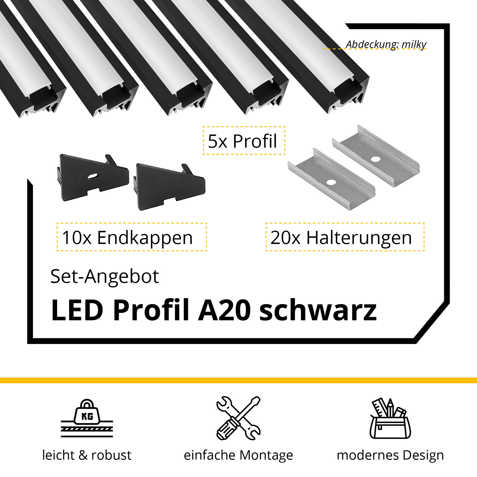 5x A20 LED Profil 2m - Schwarz inkl. Abdeckung milky, Halter & Endkappen