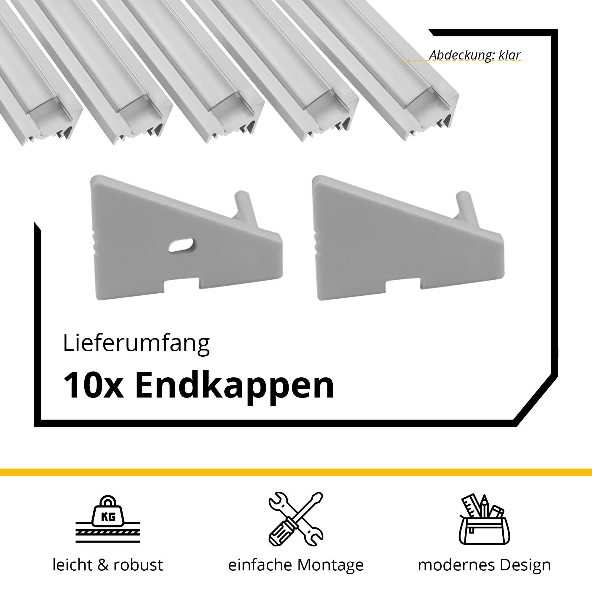 5x A20 LED Profil 2m - Silber inkl. Abdeckung klar, Halter & Endkappen