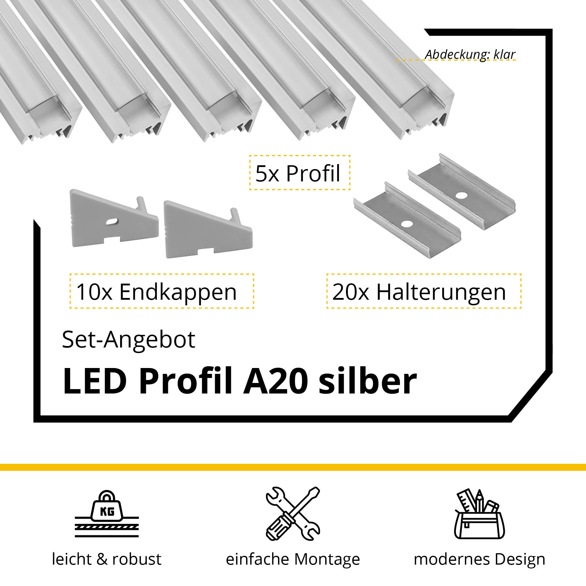5x A20 LED Profil 2m - Silber inkl. Abdeckung klar, Halter & Endkappen