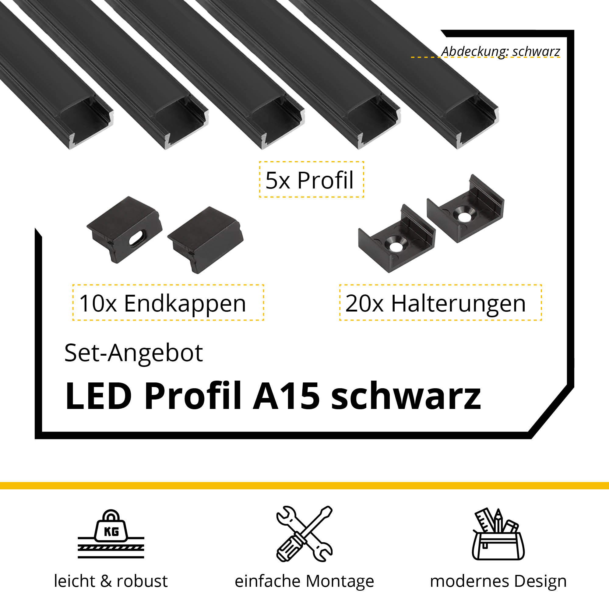5x A15 LED Profil 2m - Schwarz inkl. Abdeckung schwarz, Halter & Endkappen