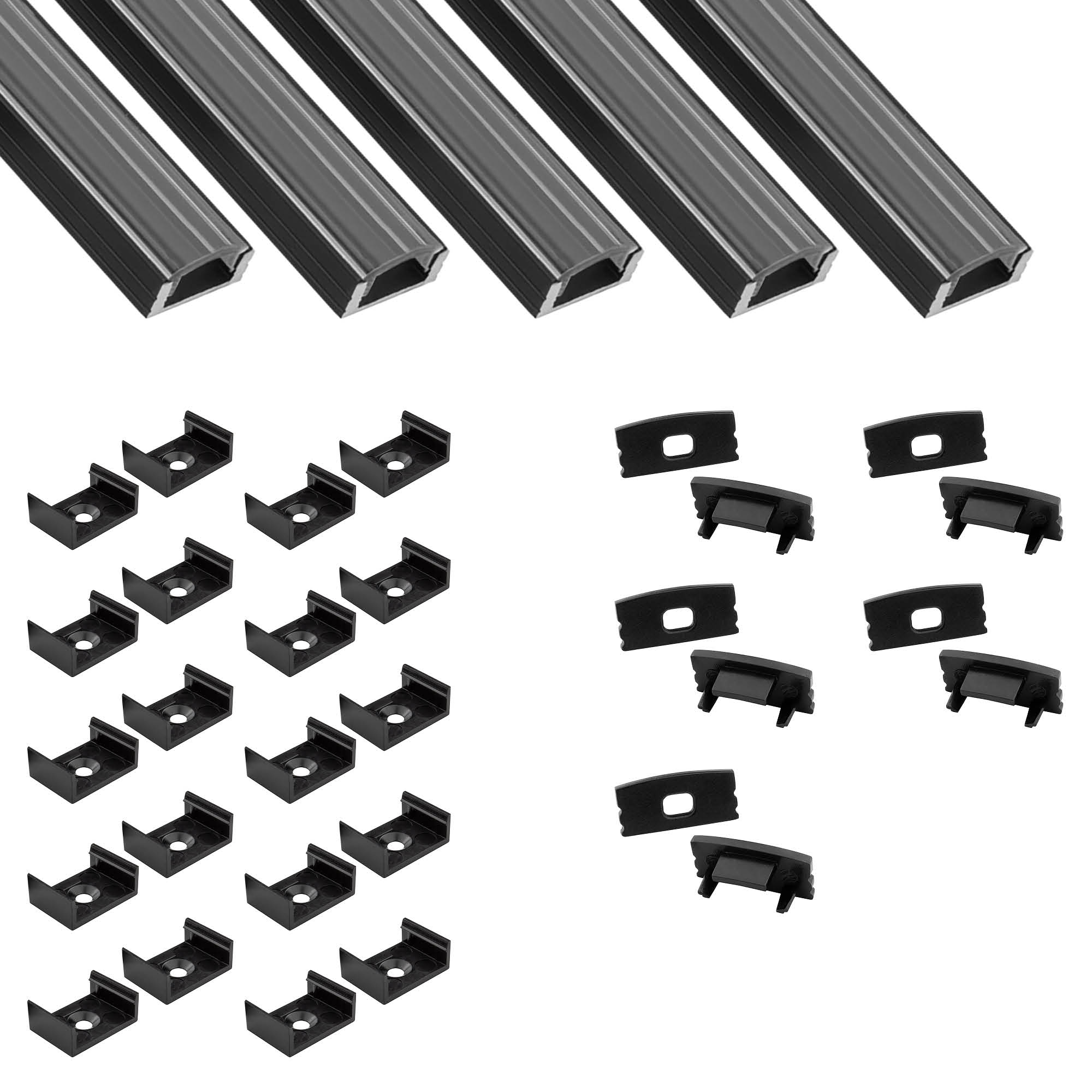 5x A17 LED Profil 2m - Schwarz inkl. Abdeckung klar, Halter & Endkappen 5x A17 LED Profil 2m - Schwarz inkl. Abdeckung klar, Halter & Endkappen