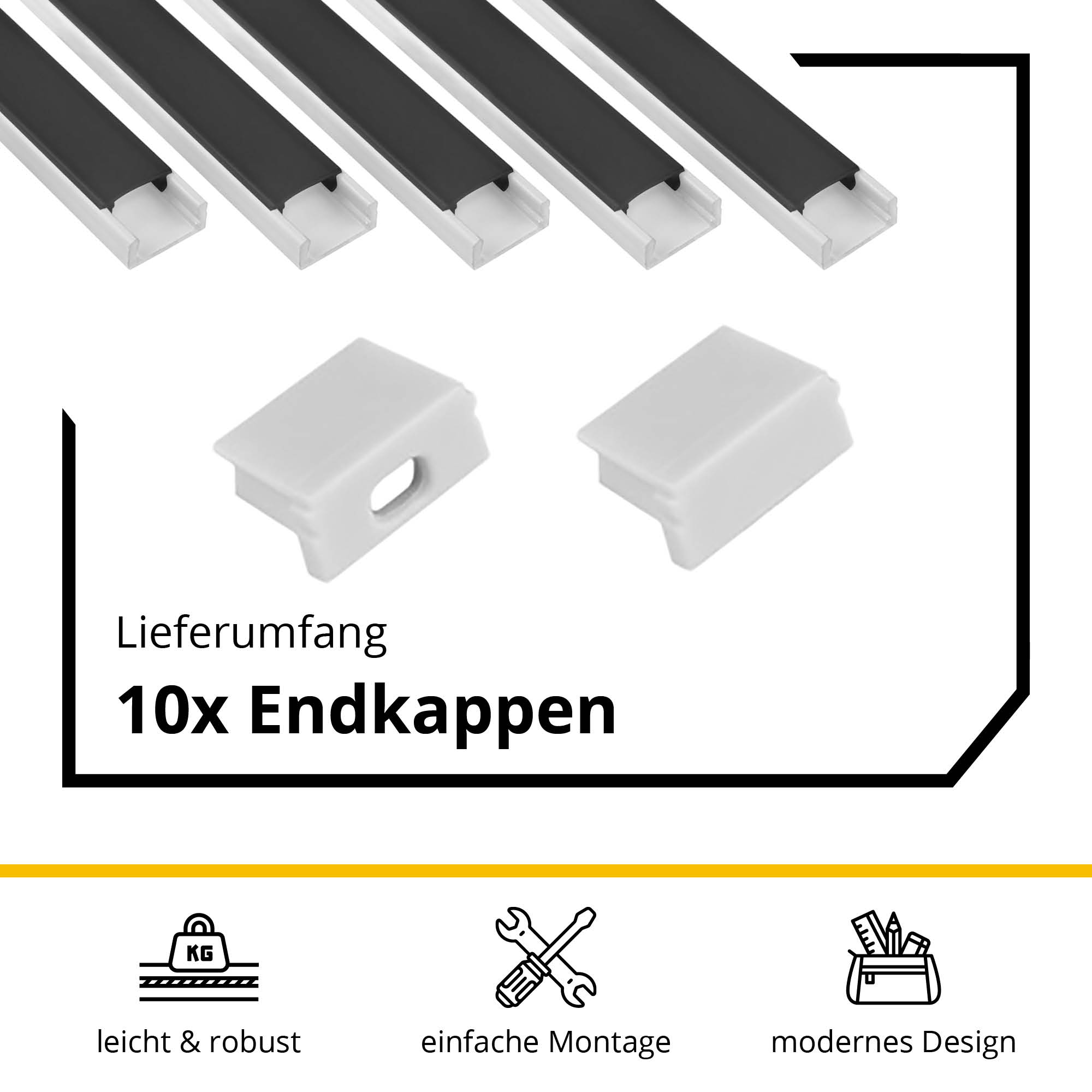 5x A15 LED Profil 2m - Weiss inkl. Abdeckung schwarz, Halter & Endkappen