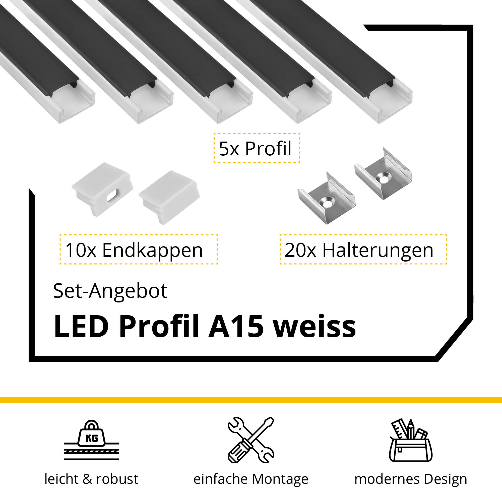 5x A15 LED Profil 2m - Weiss inkl. Abdeckung schwarz, Halter & Endkappen