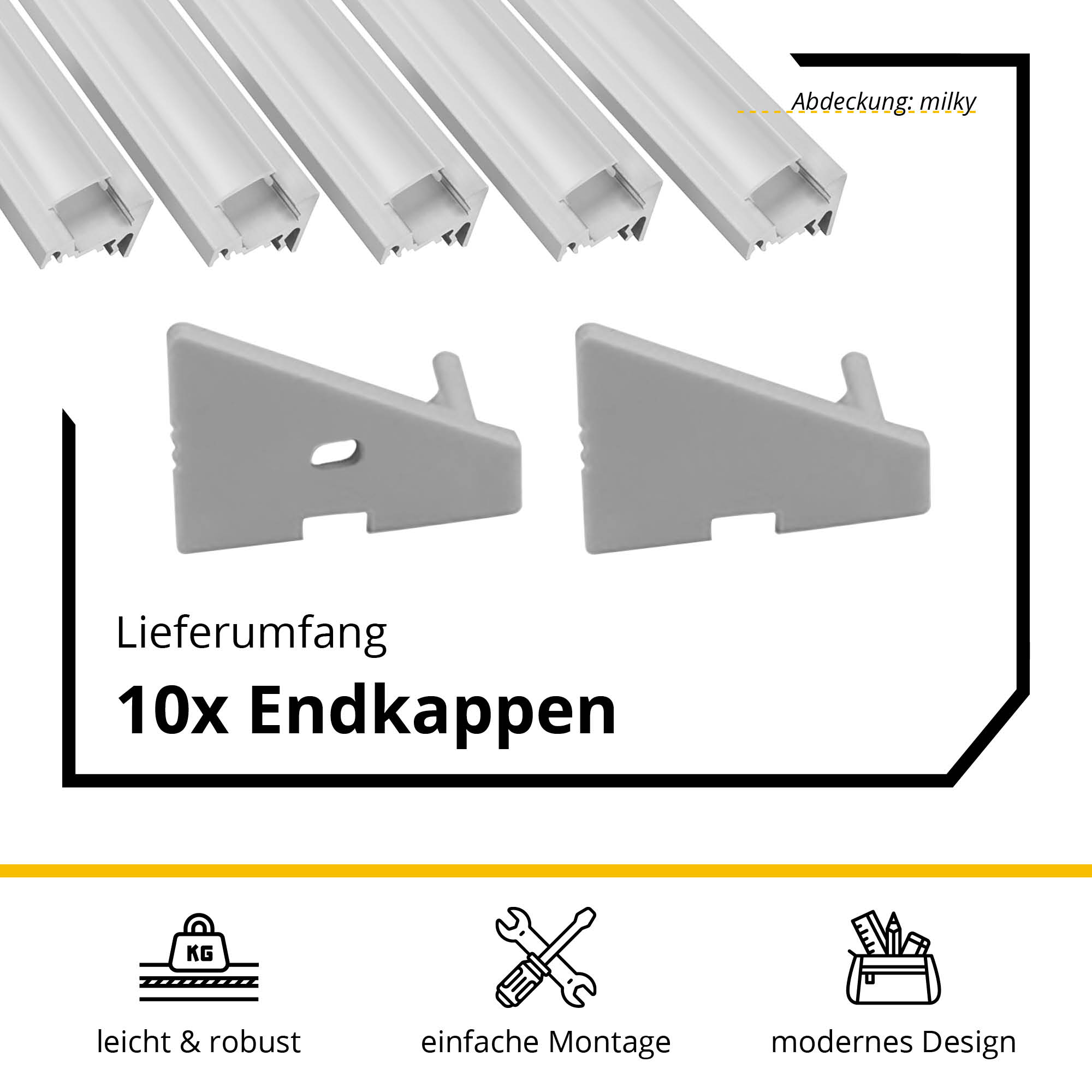 5x A20 LED Profil 2m - Silber inkl. Abdeckung milky, Halter & Endkappen
