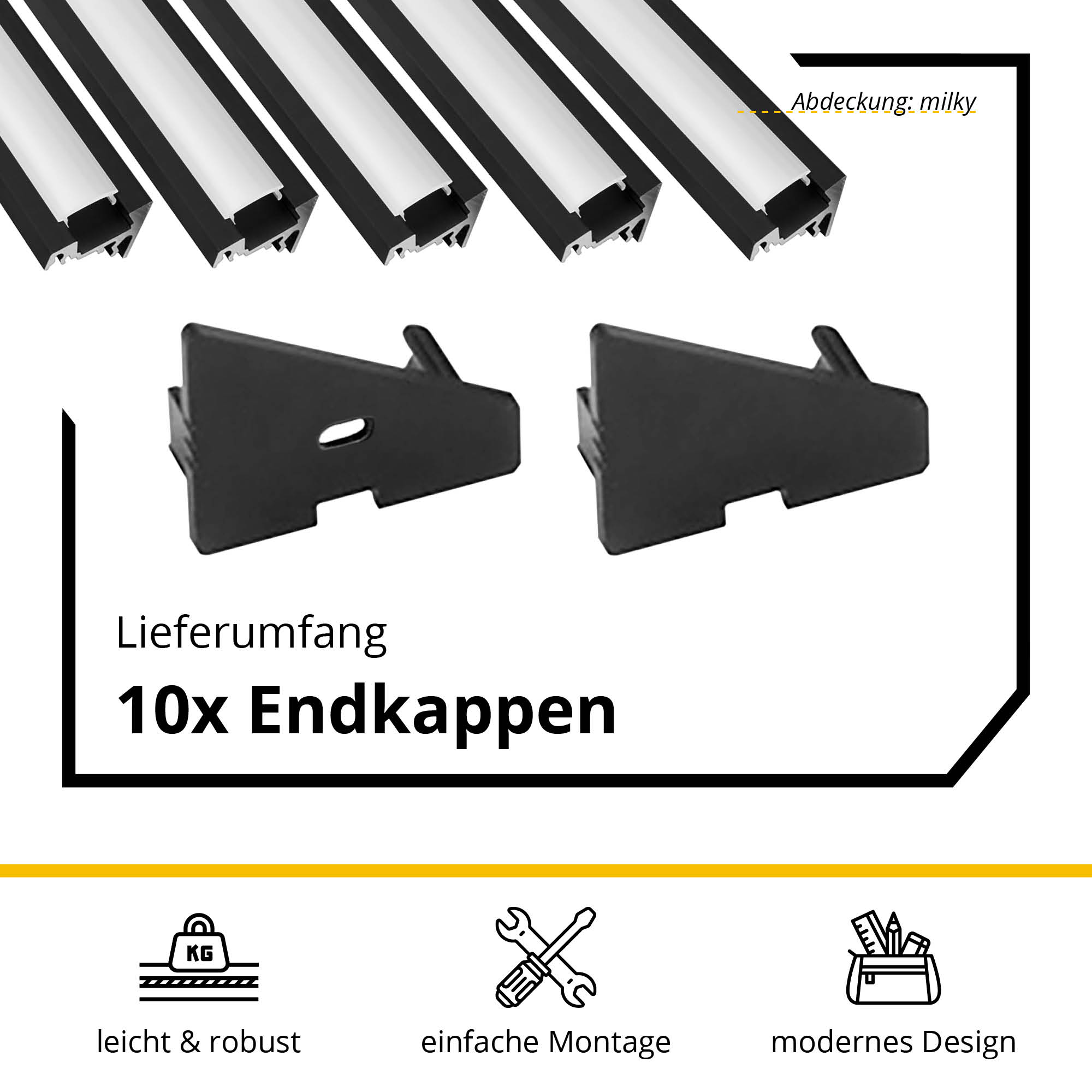 5x A20 LED Profil 2m - Schwarz inkl. Abdeckung milky, Halter & Endkappen