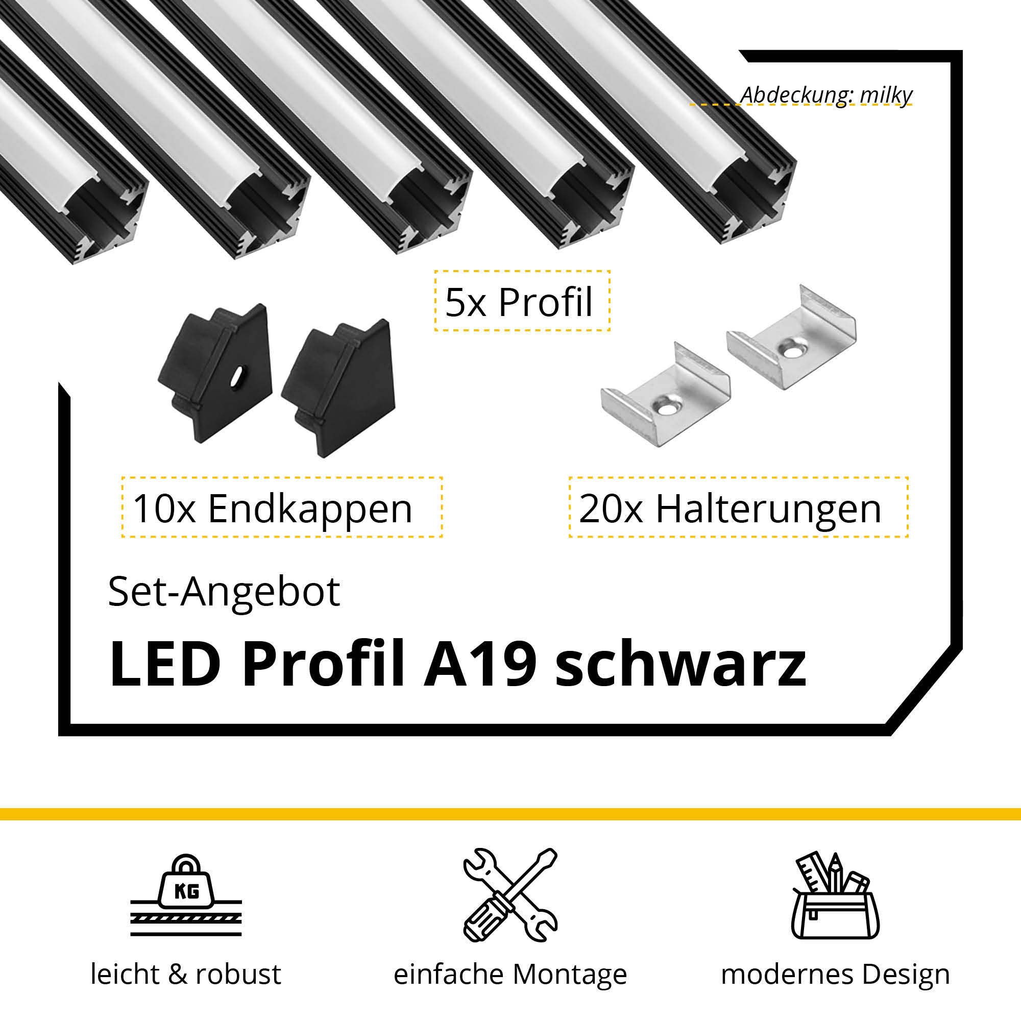5x A19 LED Profil 2m - Schwarz inkl. Abdeckung milky, Halter & Endkappen