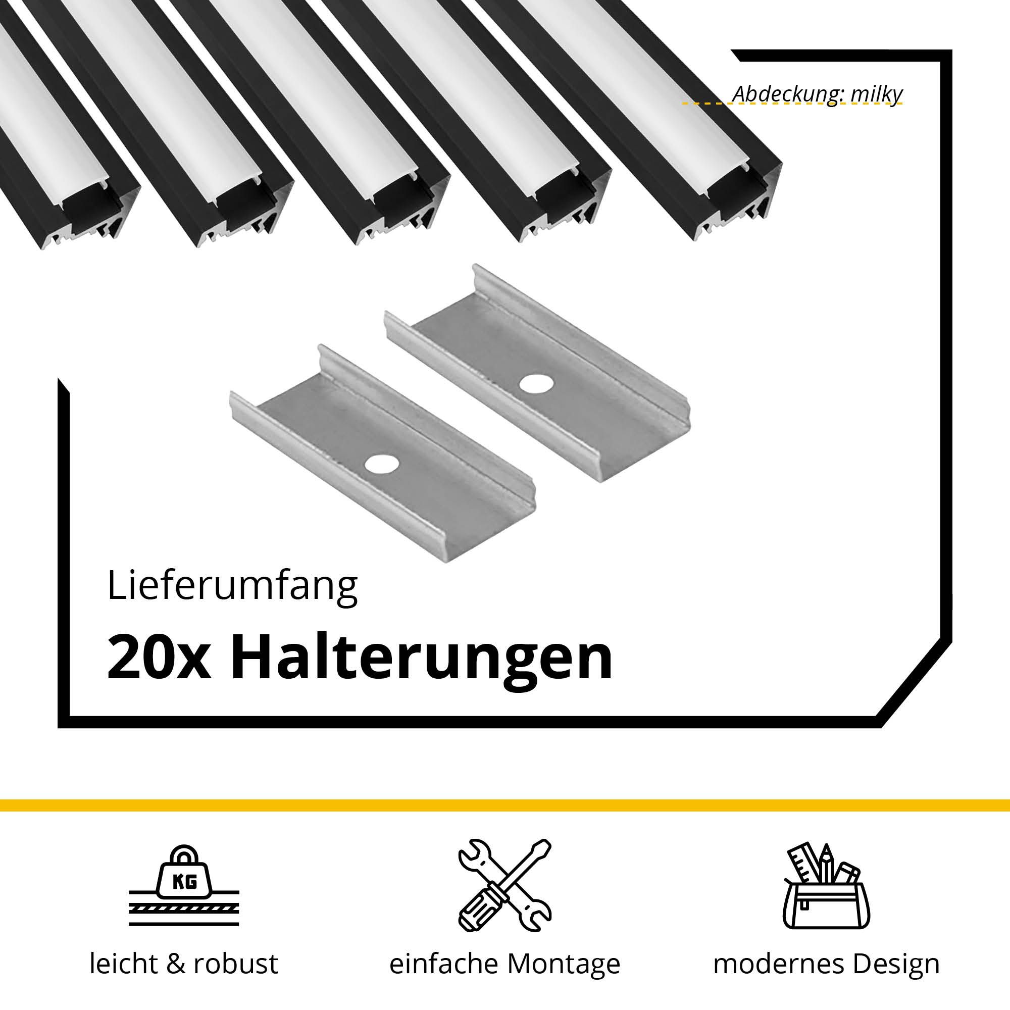 5x A20 LED Profil 2m - Schwarz inkl. Abdeckung milky, Halter & Endkappen