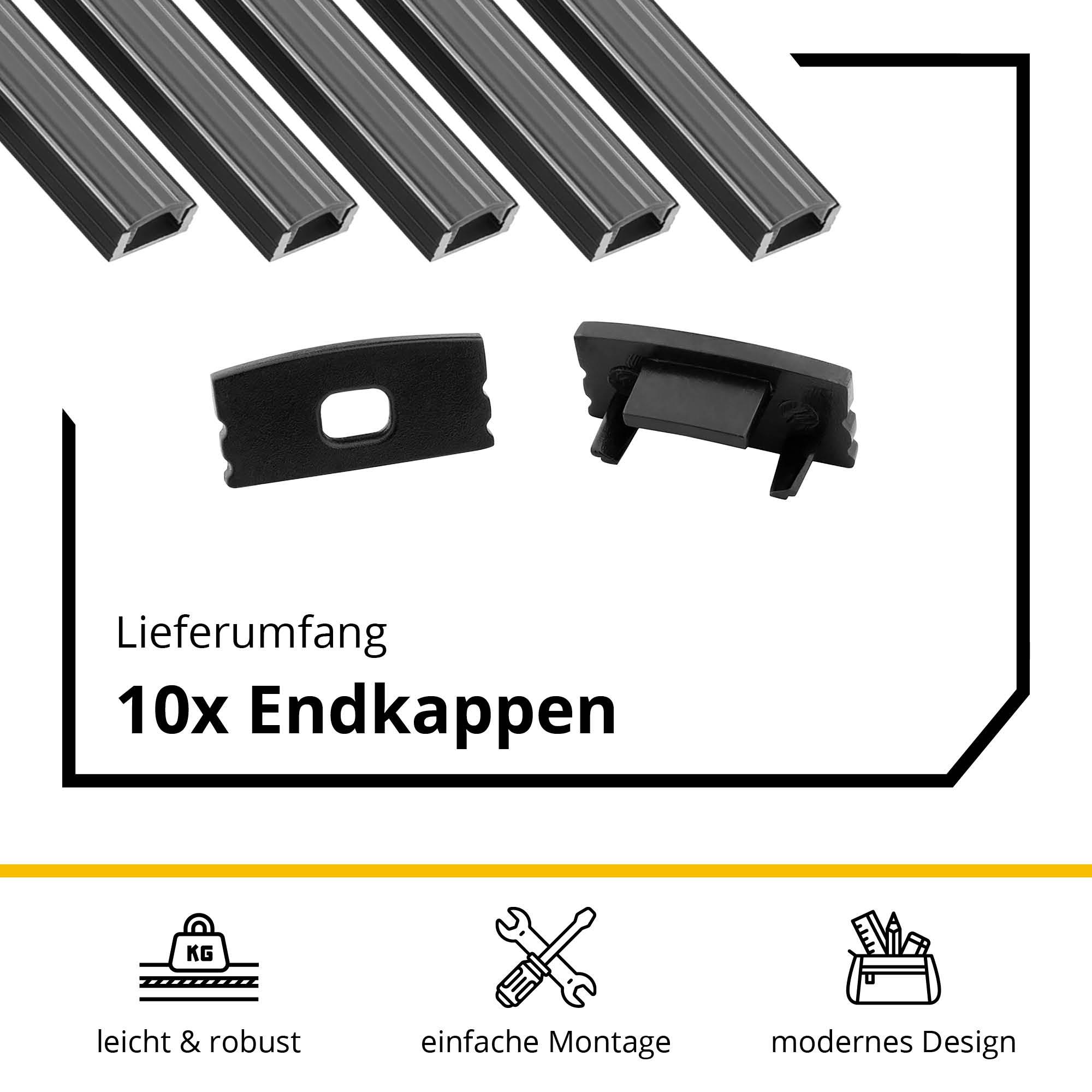 5x A17 LED Profil 2m - Schwarz inkl. Abdeckung klar, Halter & Endkappen 5x A17 LED Profil 2m - Schwarz inkl. Abdeckung klar, Halter & Endkappen