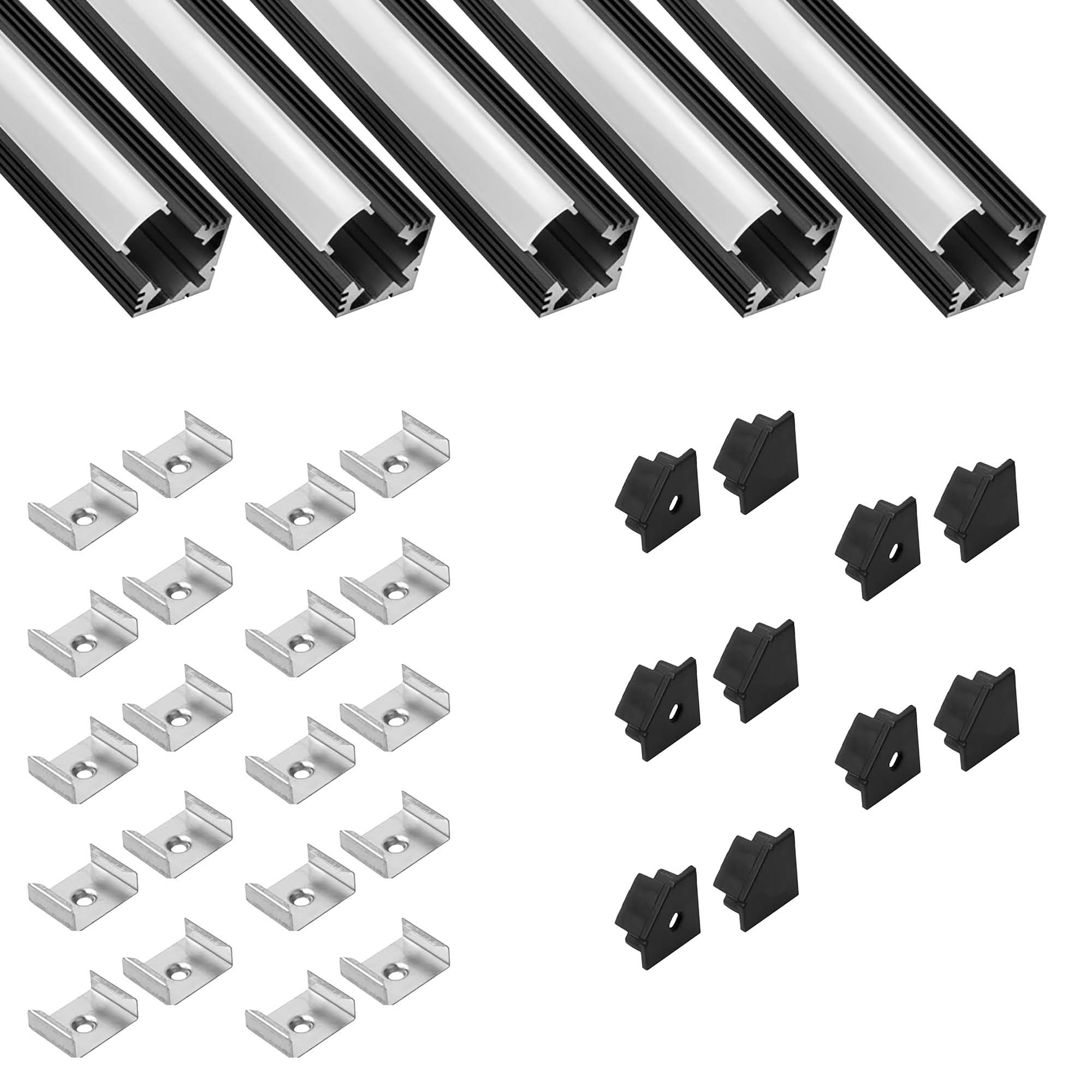 5x A19 LED Profil 2m - Schwarz inkl. Abdeckung milky, Halter & Endkappen