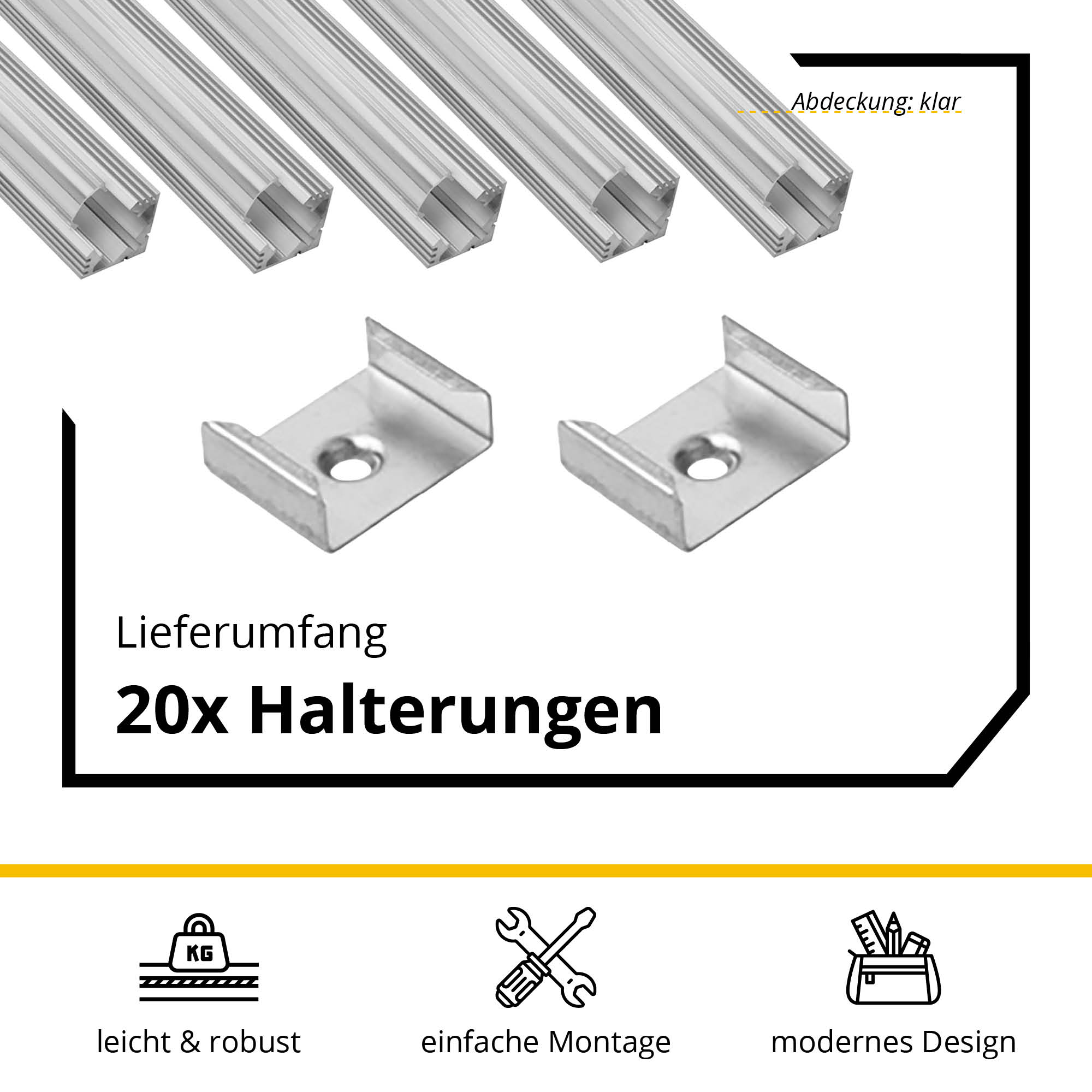 5x A19 LED Profil 2m - Silber inkl. Abdeckung klar, Halter & Endkappen