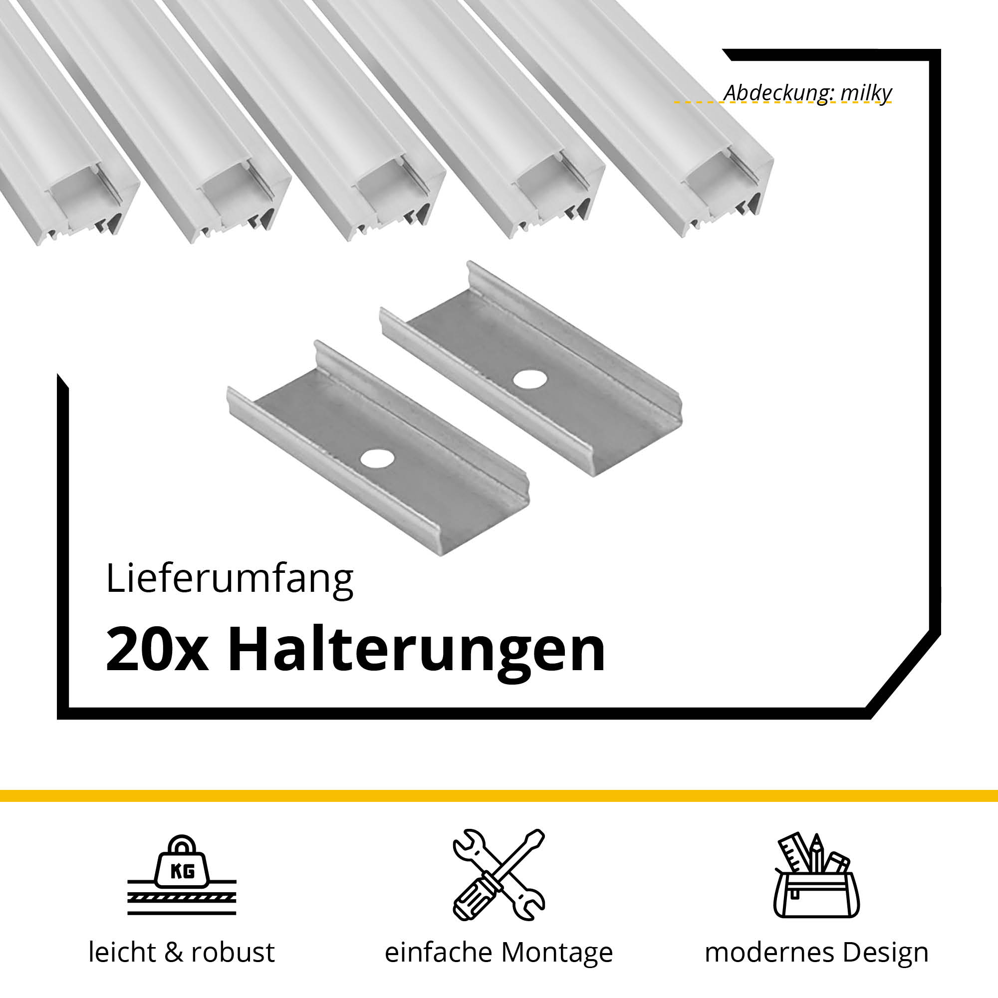 5x A20 LED Profil 2m - Silber inkl. Abdeckung milky, Halter & Endkappen