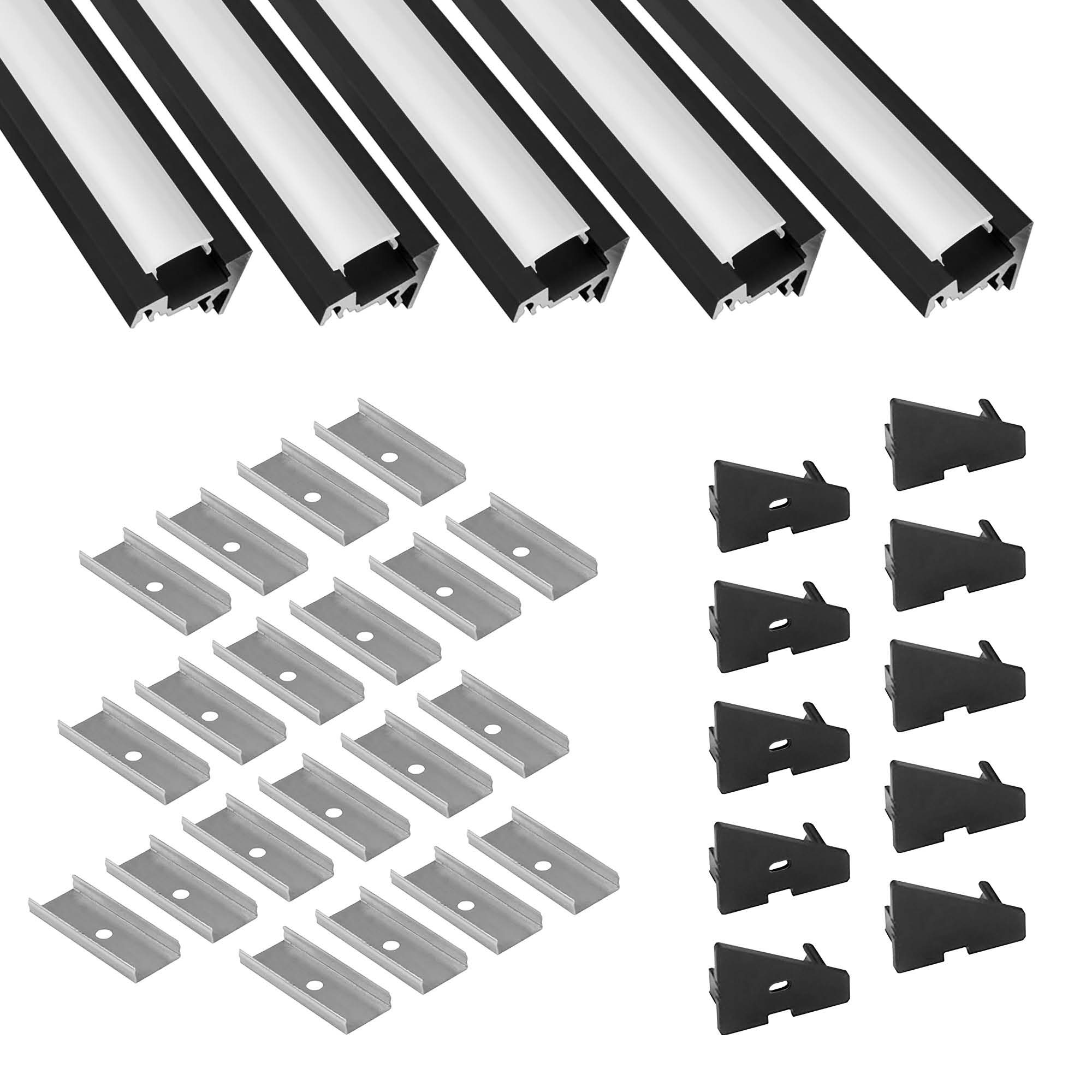 5x A20 LED Profil 2m - Schwarz inkl. Abdeckung milky, Halter & Endkappen 5x A20 LED Profil 2m - Schwarz inkl. Abdeckung milky, Halter & Endkappen