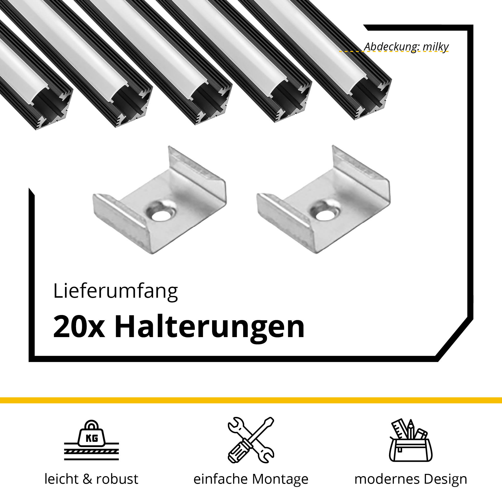 5x A19 LED Profil 2m - Schwarz inkl. Abdeckung milky, Halter & Endkappen