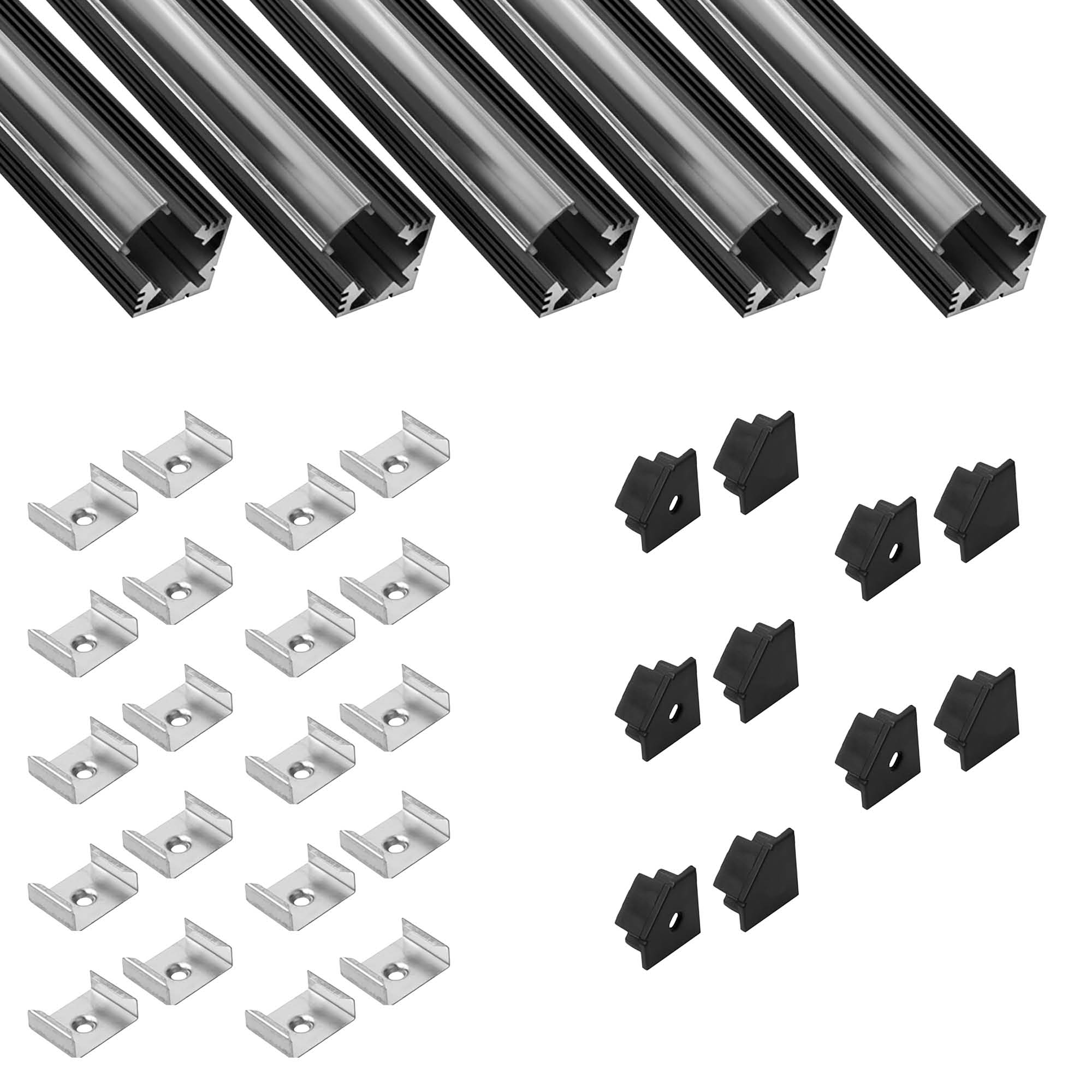 5x A19 LED Profil 2m - Schwarz inkl. Abdeckung klar, Halter & Endkappen 5x A19 LED Profil 2m - Schwarz inkl. Abdeckung klar, Halter & Endkappen