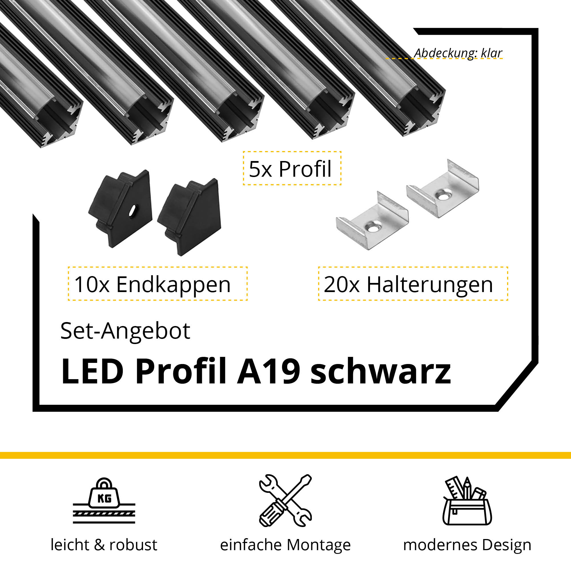 5x A19 LED Profil 2m - Schwarz inkl. Abdeckung, Halter & Endkappen 5x A19 LED Profil 2m - Schwarz inkl. Abdeckung klar, Halter & Endkappen