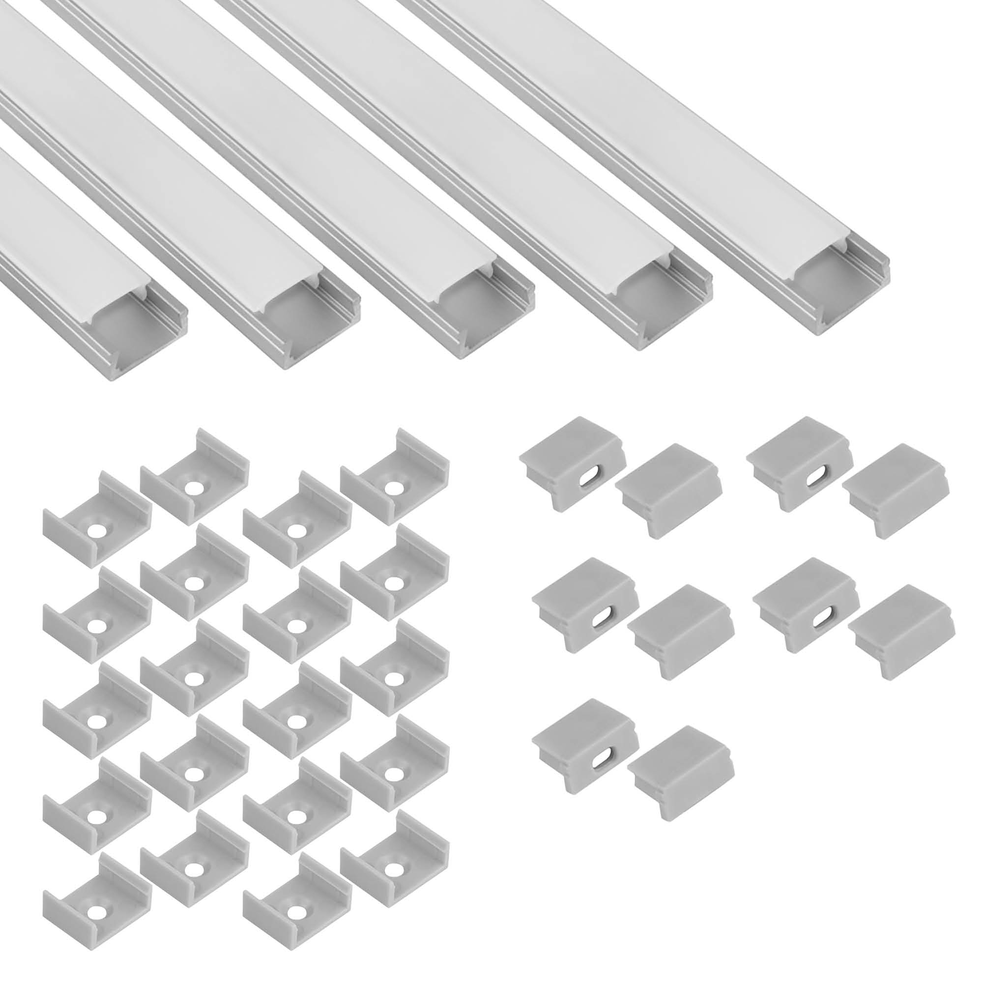 5x A15 LED Profil 2m - Silber inkl. Abdeckung milky, Halter & Endkappen