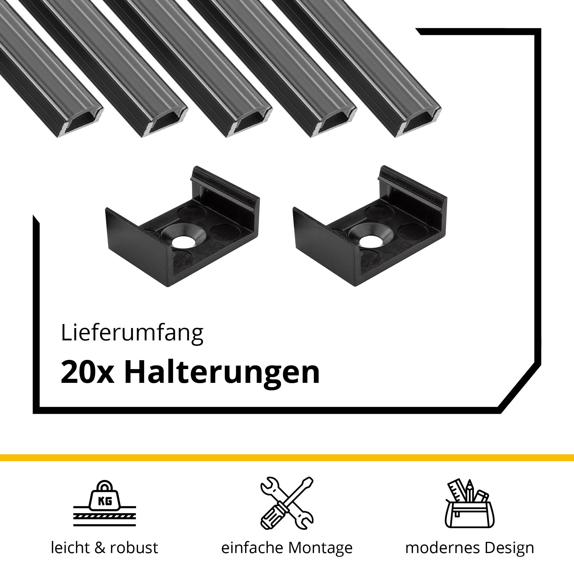 5x A17 LED Profil 2m - Schwarz inkl. Abdeckung klar, Halter & Endkappen