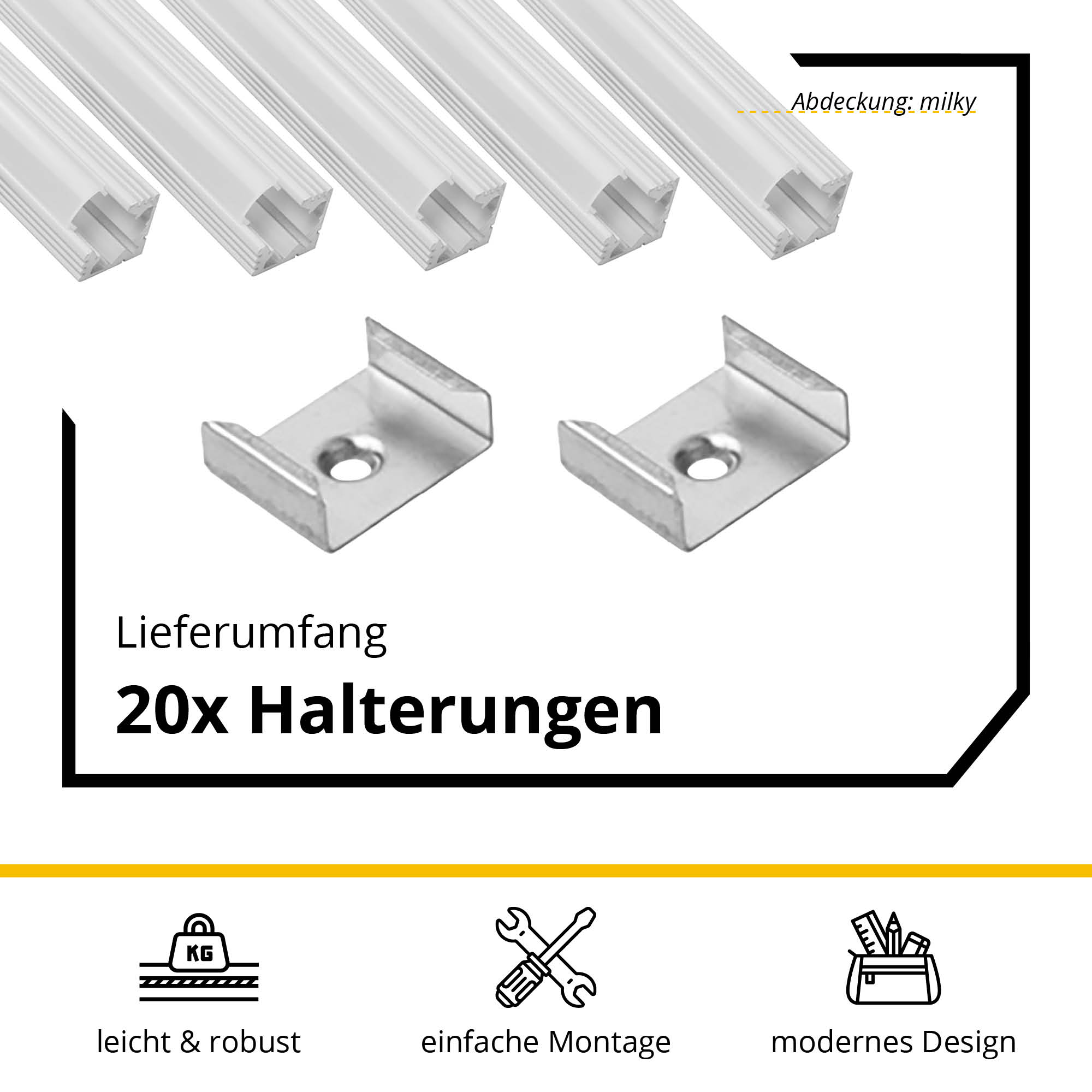 5x A19 LED Profil 2m - Weiss inkl. Abdeckung milky, Halter & Endkappen
