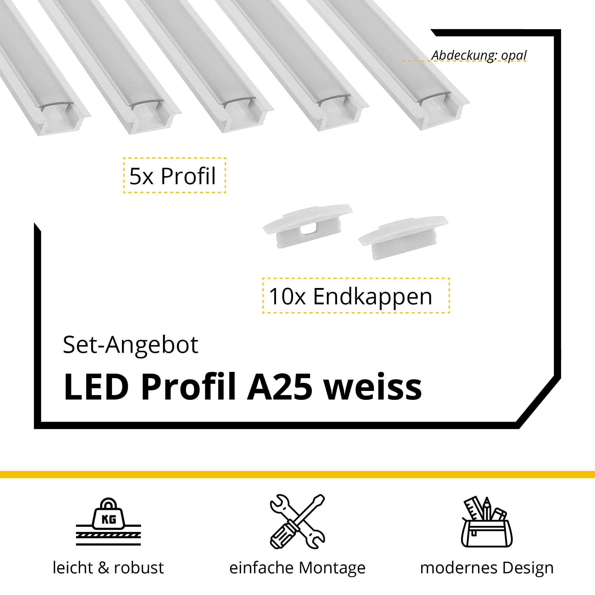 5x A25 LED Profil 2m - Weiss inkl. Abdeckung & Endkappen 5x A25 LED Profil 2m - Weiss inkl. Abdeckung opal & Endkappen