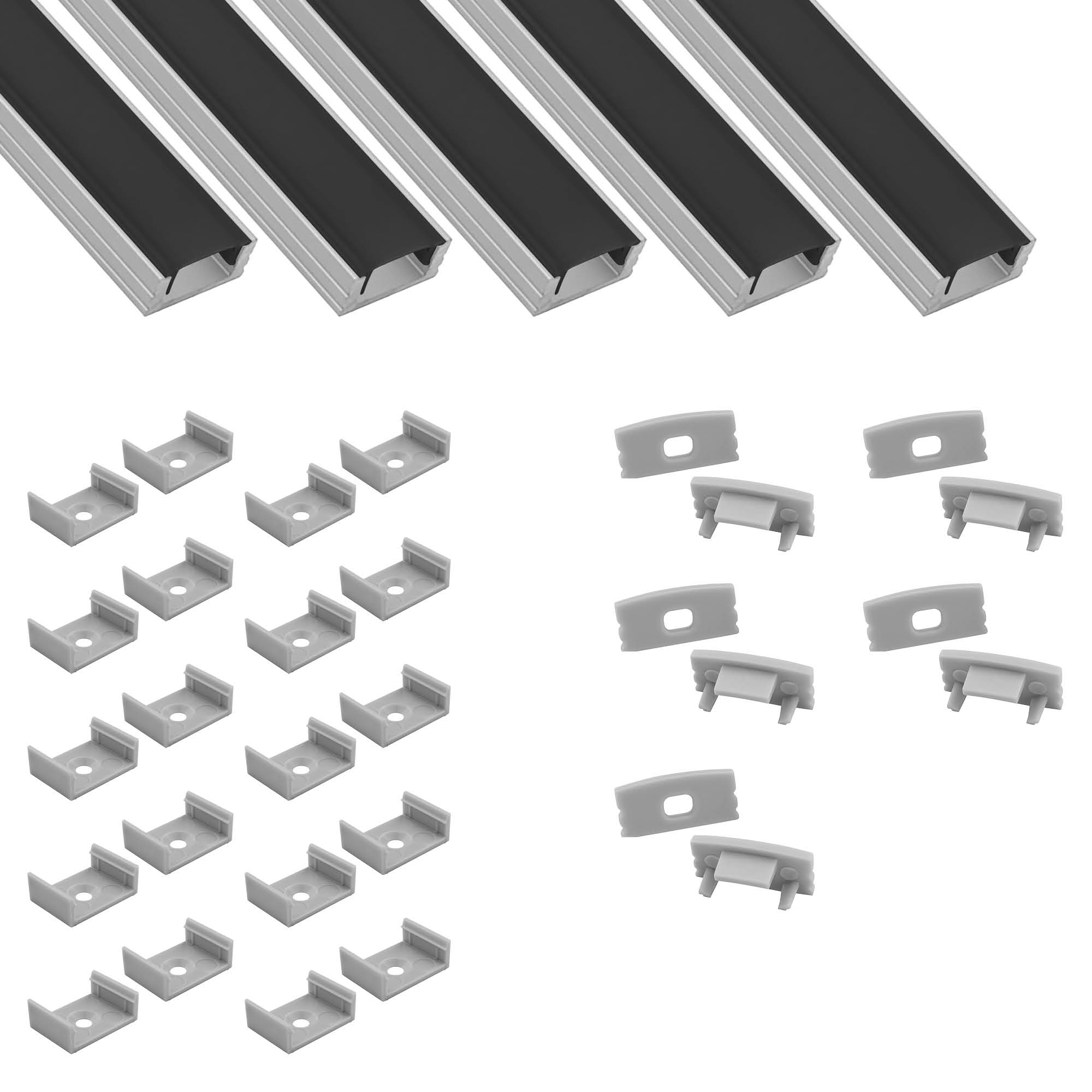 5x A17 LED Profil 2m - Silber inkl. Abdeckung schwarz, Halter & Endkappen