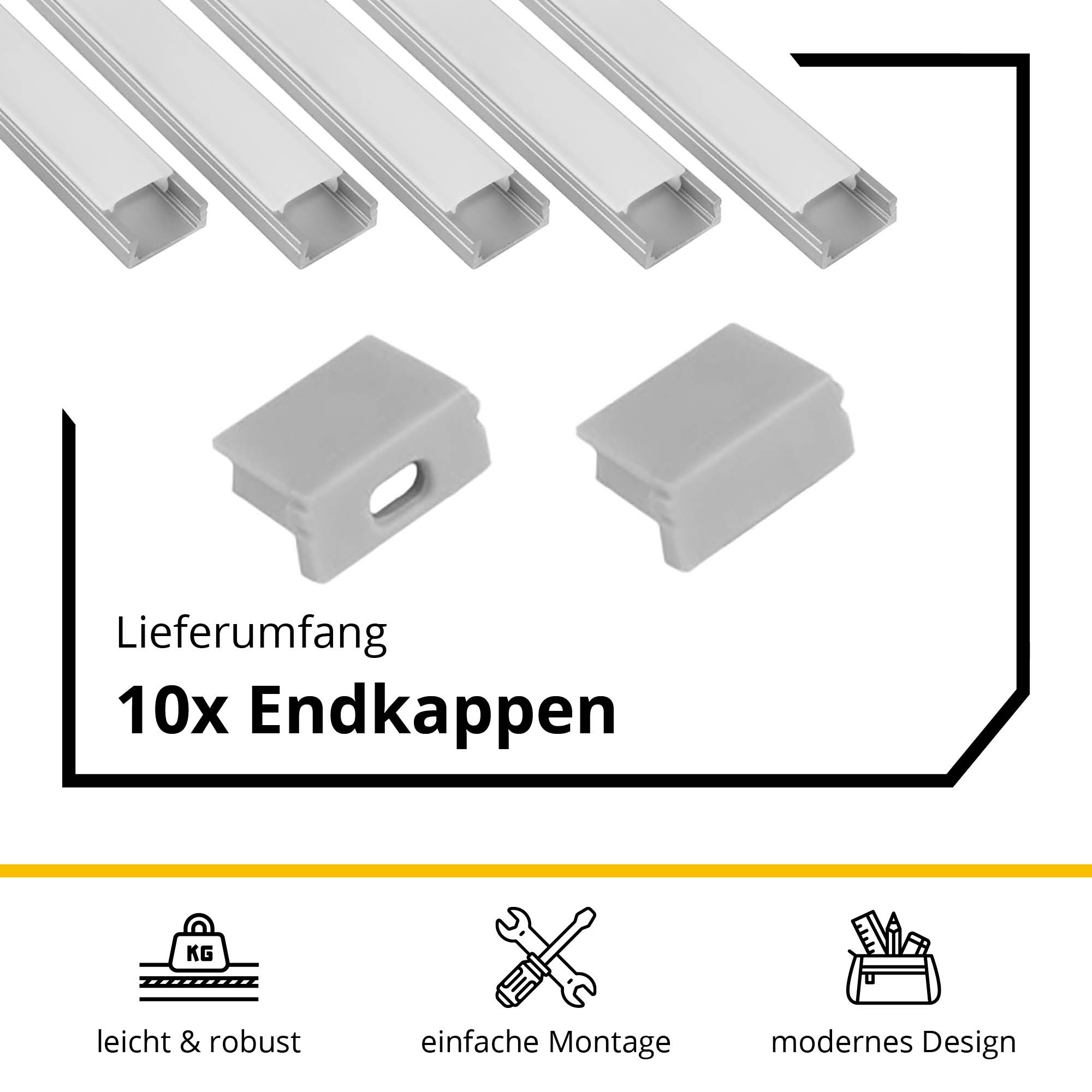 5x A15 LED Profil 2m - Silber inkl. Abdeckung milky, Halter & Endkappen