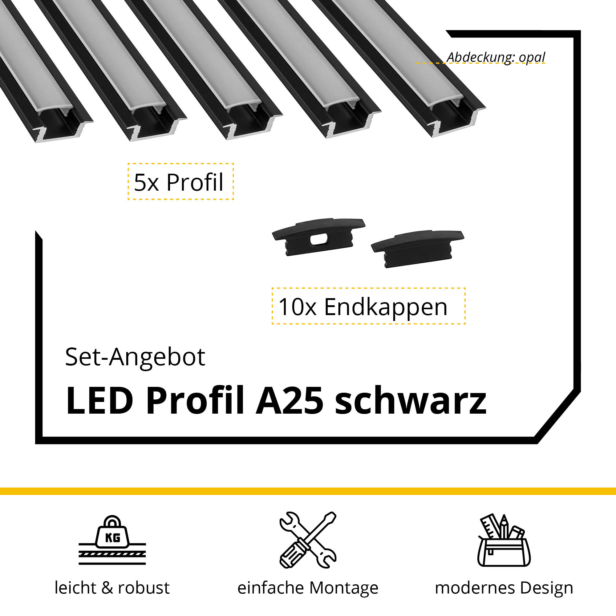 5x A25 LED Profil 2m - Schwarz inkl. Abdeckung & Endkappen 5x A25 LED Profil 2m - Schwarz inkl. Abdeckung opal & Endkappen