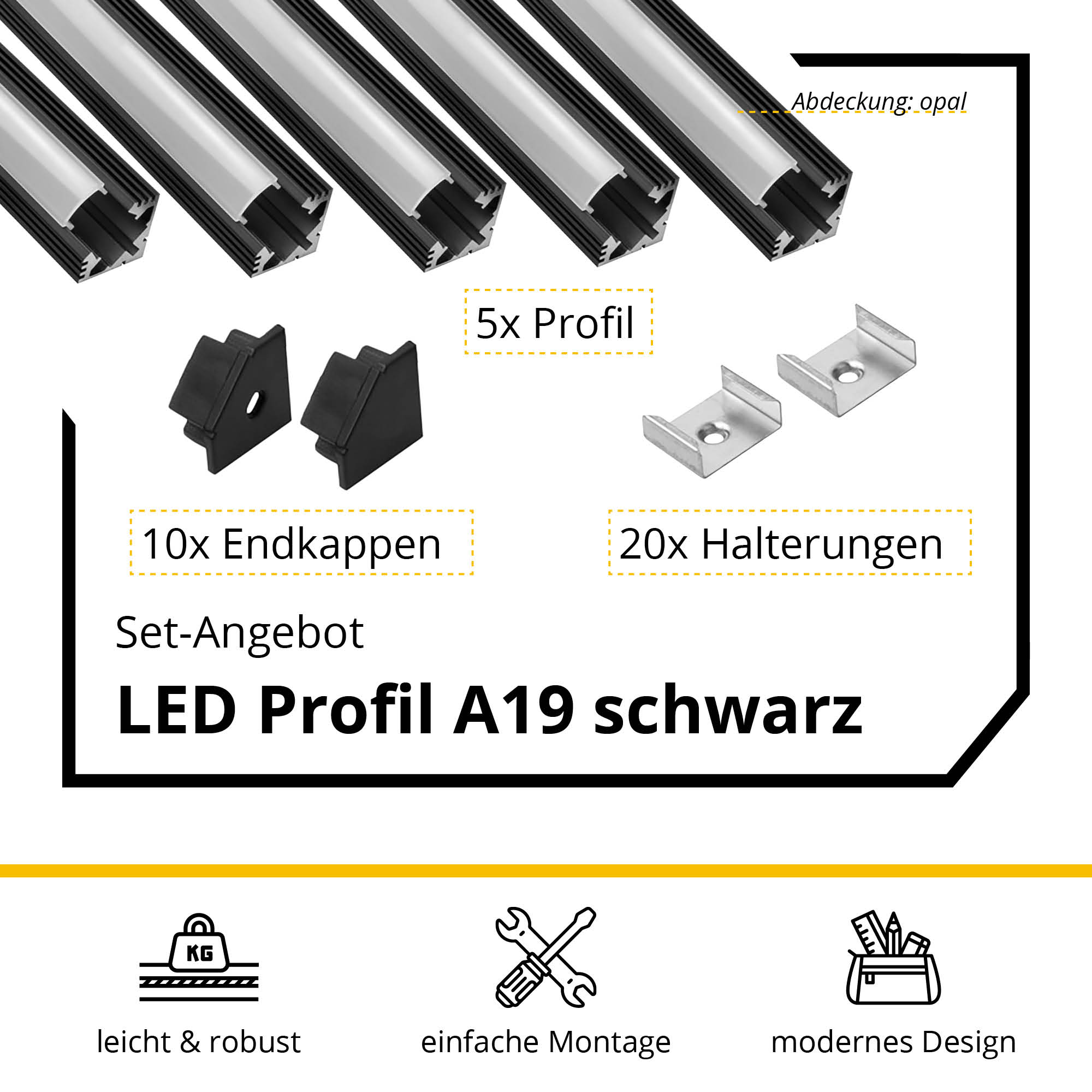 5x A19 LED Profil 2m - Schwarz inkl. Abdeckung opal, Halter & Endkappen