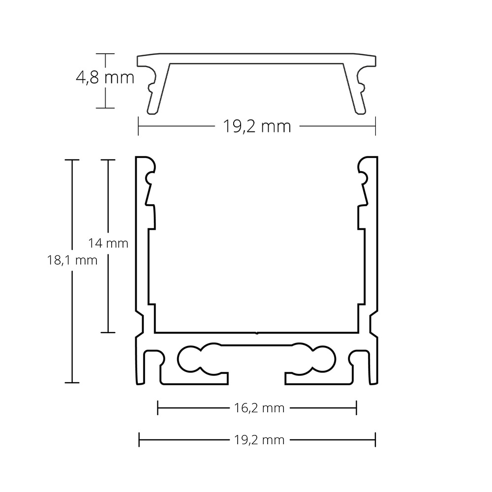 GX-PN8 LED AUFBAU-Profil 200 cm, LED Stripes max. 16 mm, silber GX-PN8 LED AUFBAU-Profil 200 cm, LED Stripes max. 16 mm, schwarz RAL 9005 2x Enkappen