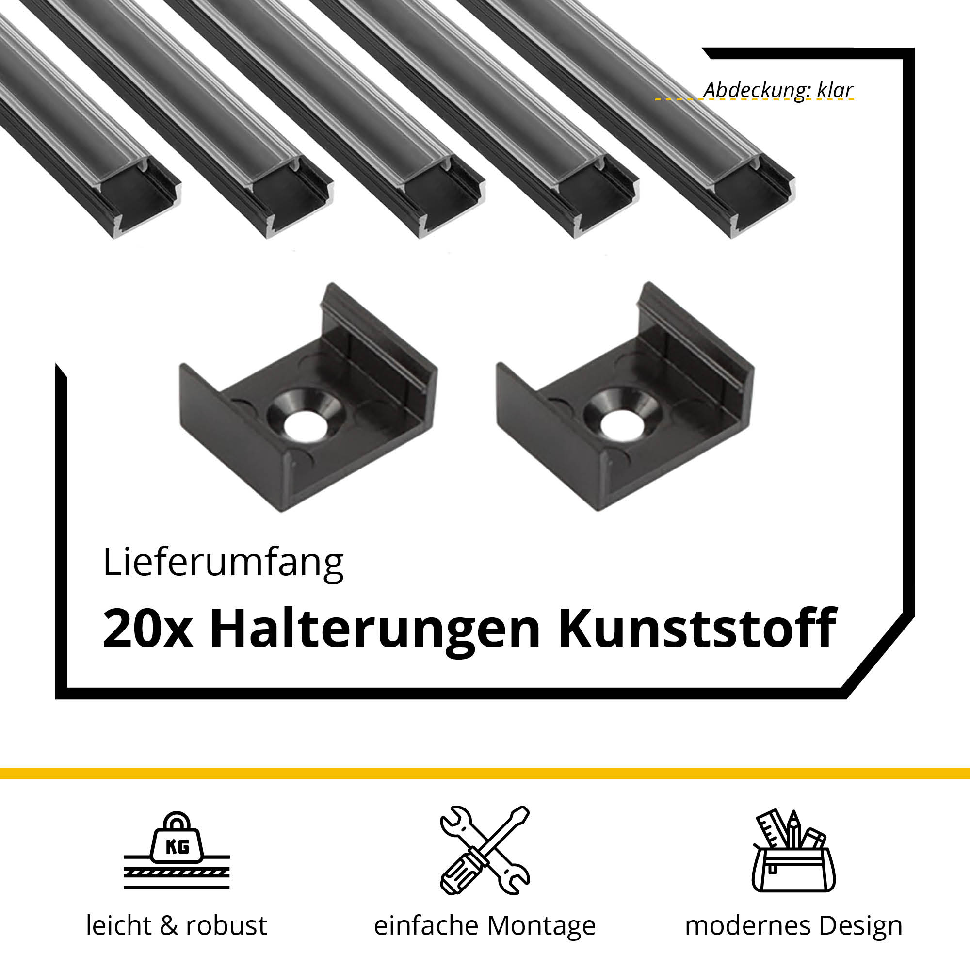5x A15 LED Profil 2m - Schwarz inkl. Abdeckung klar, Halter & Endkappen 5x A15 LED Profil 2m - Schwarz inkl. Abdeckung klar, Halter & Endkappen