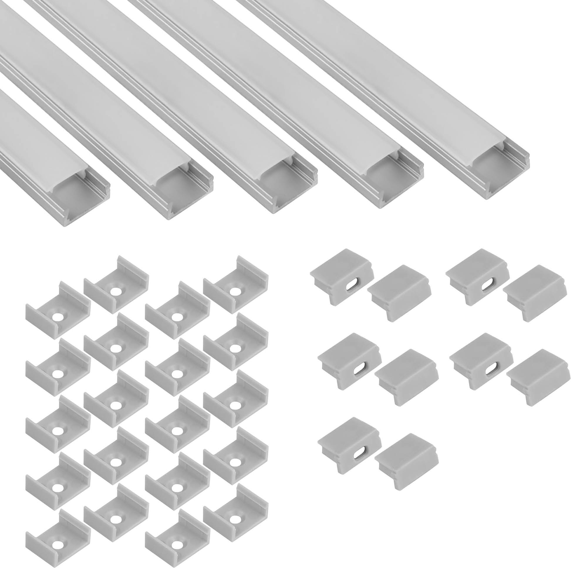 5x A15 LED Profil 2m - Silber inkl. Abdeckung opal, Halter & Endkappen