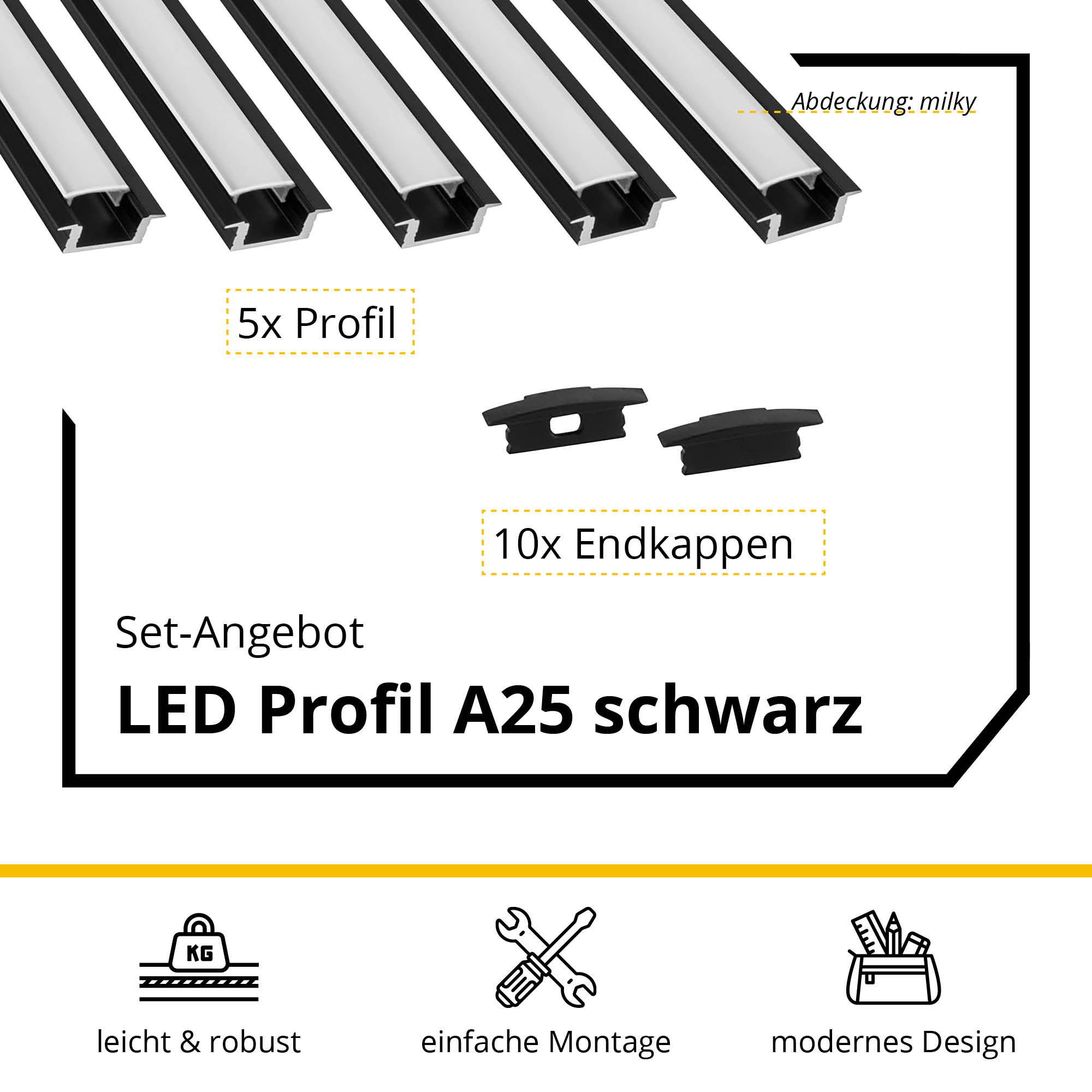 5x A25 LED Profil 2m - Schwarz inkl. Abdeckung & Endkappen 5x A25 LED Profil 2m - Schwarz inkl. Abdeckung milky & Endkappen