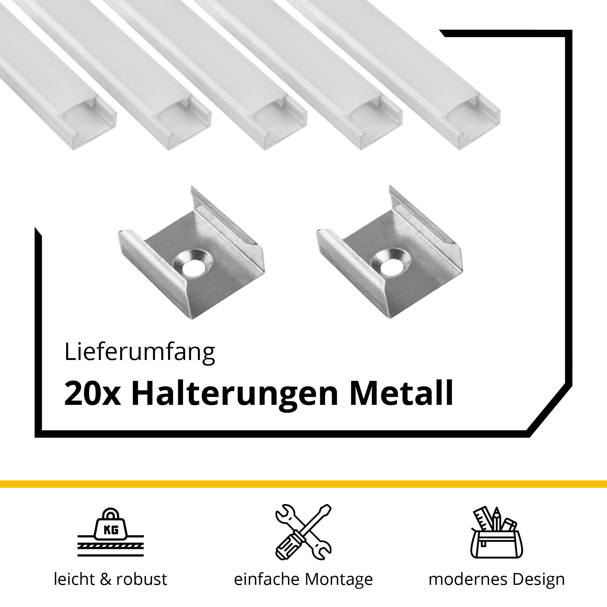 5x A15 LED Profil 2m - Weiss inkl. Abdeckung milky, Halter & Endkappen