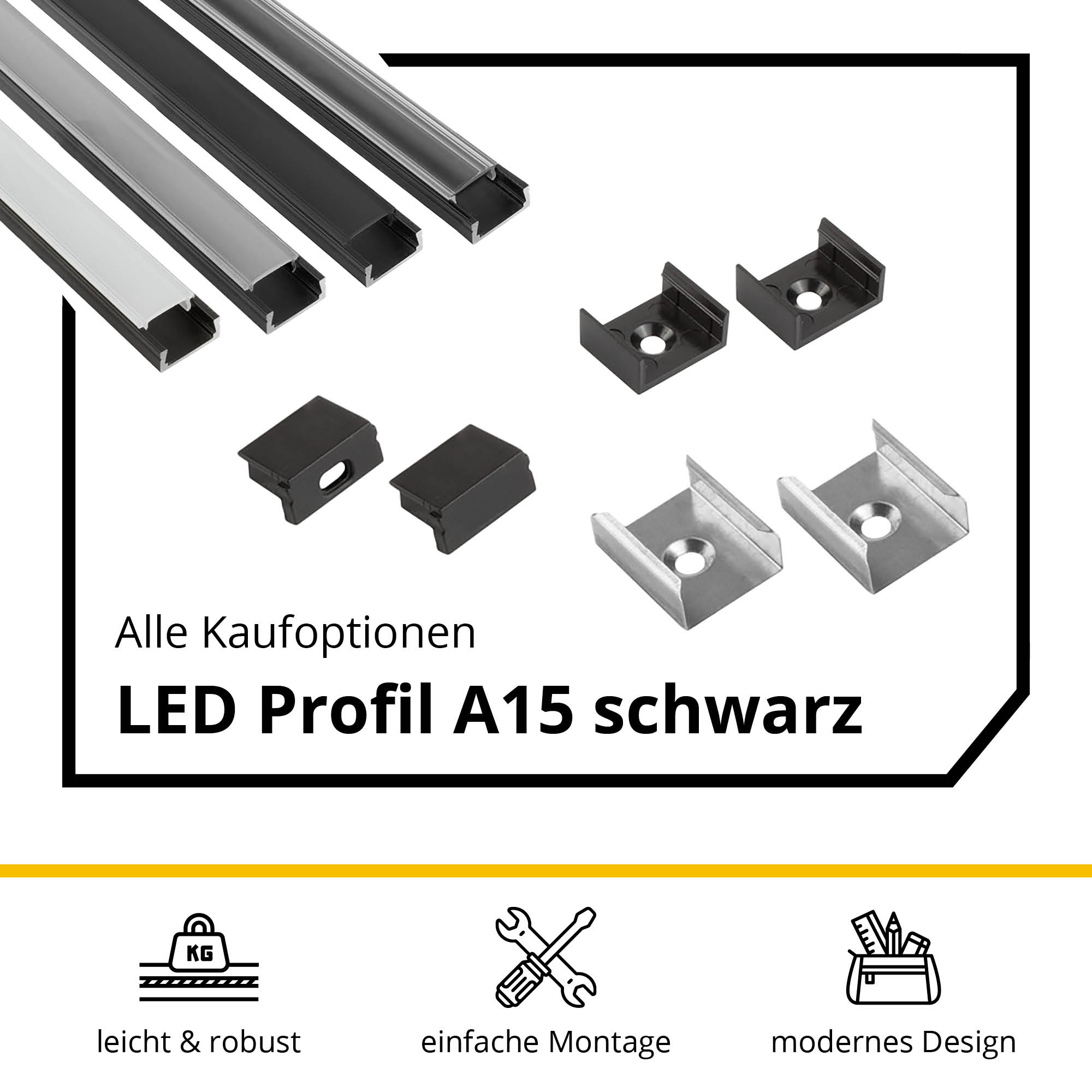 A15 LED Profil Schwarz 2x Endkappen A15 LED Profil Schwarz 2m Abdeckung milky