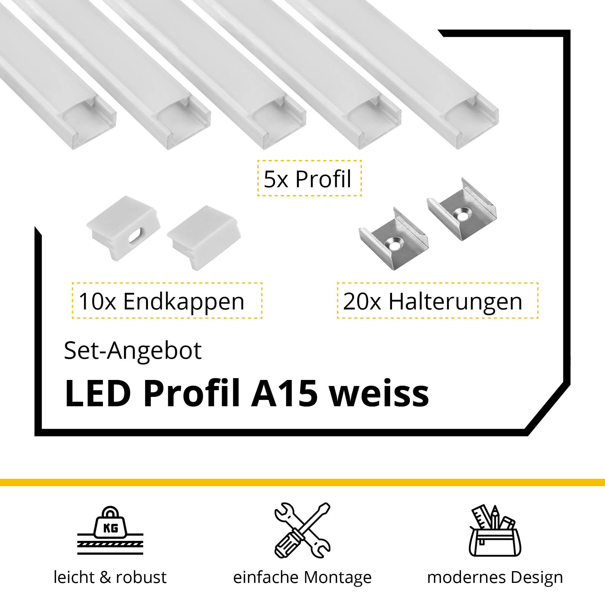 5x A15 LED Profil 2m - Weiss inkl. Abdeckung, Halter & Endkappen 5x A15 LED Profil 2m - Weiss inkl. Abdeckung milky, Halter & Endkappen