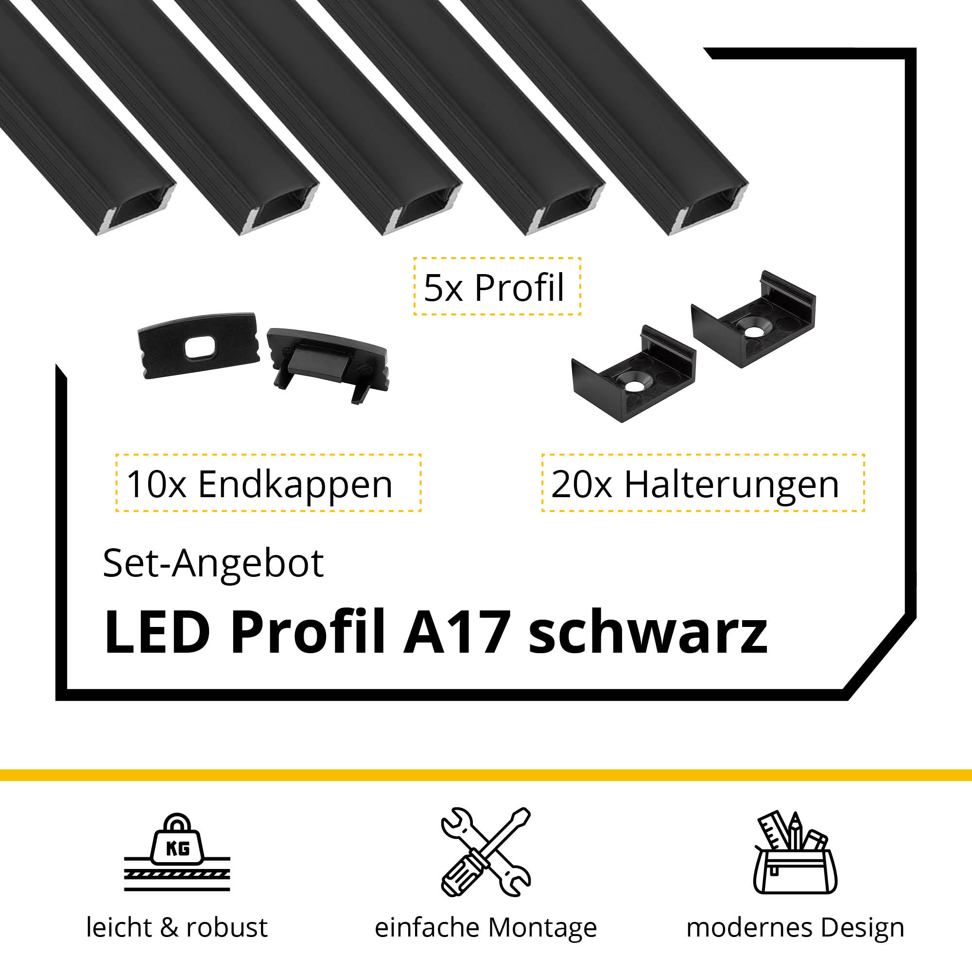 5x A17 LED Profil 2m - Schwarz inkl. Abdeckung schwarz, Halter & Endkappen