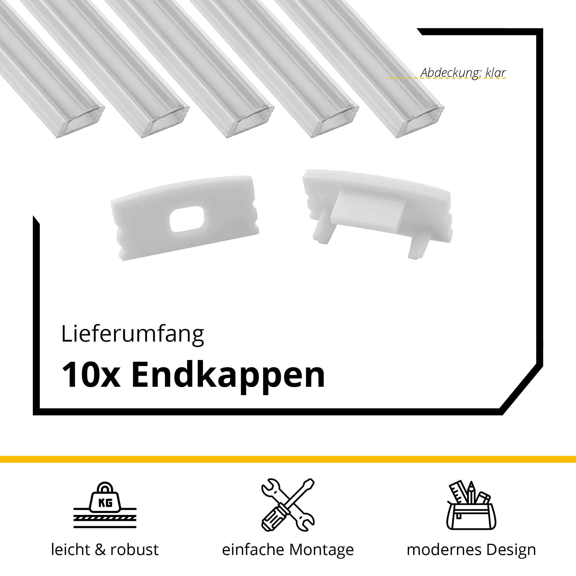 5x A17 LED Profil 2m - Weiss inkl. Abdeckung klar, Halter & Endkappen