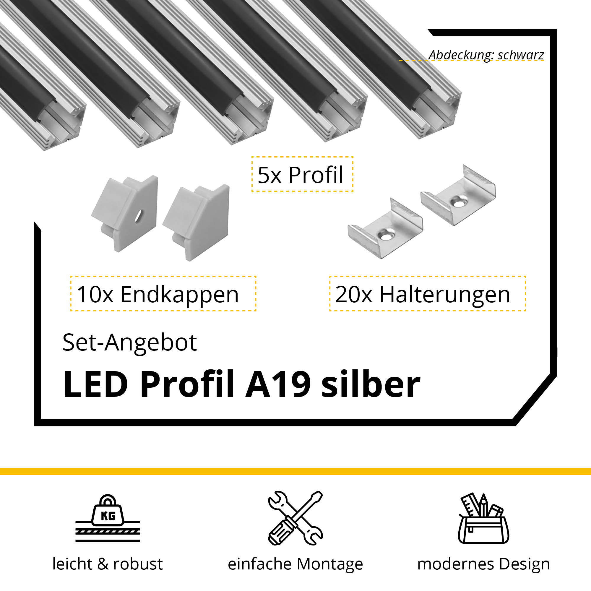 5x A19 LED Profil 2m - Silber inkl. Abdeckung schwarz, Halter & Endkappen
