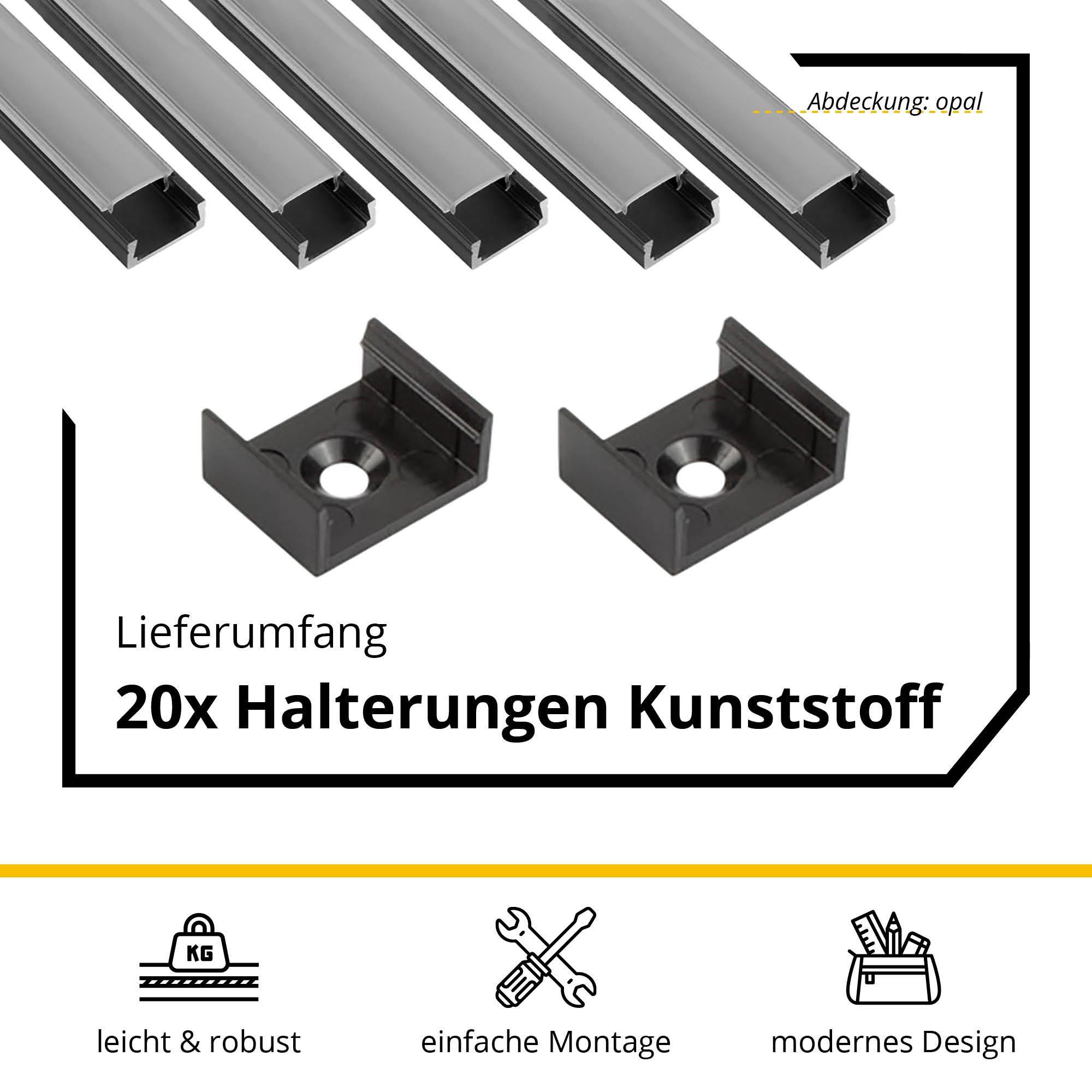 5x A15 LED Profil 2m - Schwarz inkl. Abdeckung opal, Halter & Endkappen 5x A15 LED Profil 2m - Schwarz inkl. Abdeckung opal, Halter & Endkappen