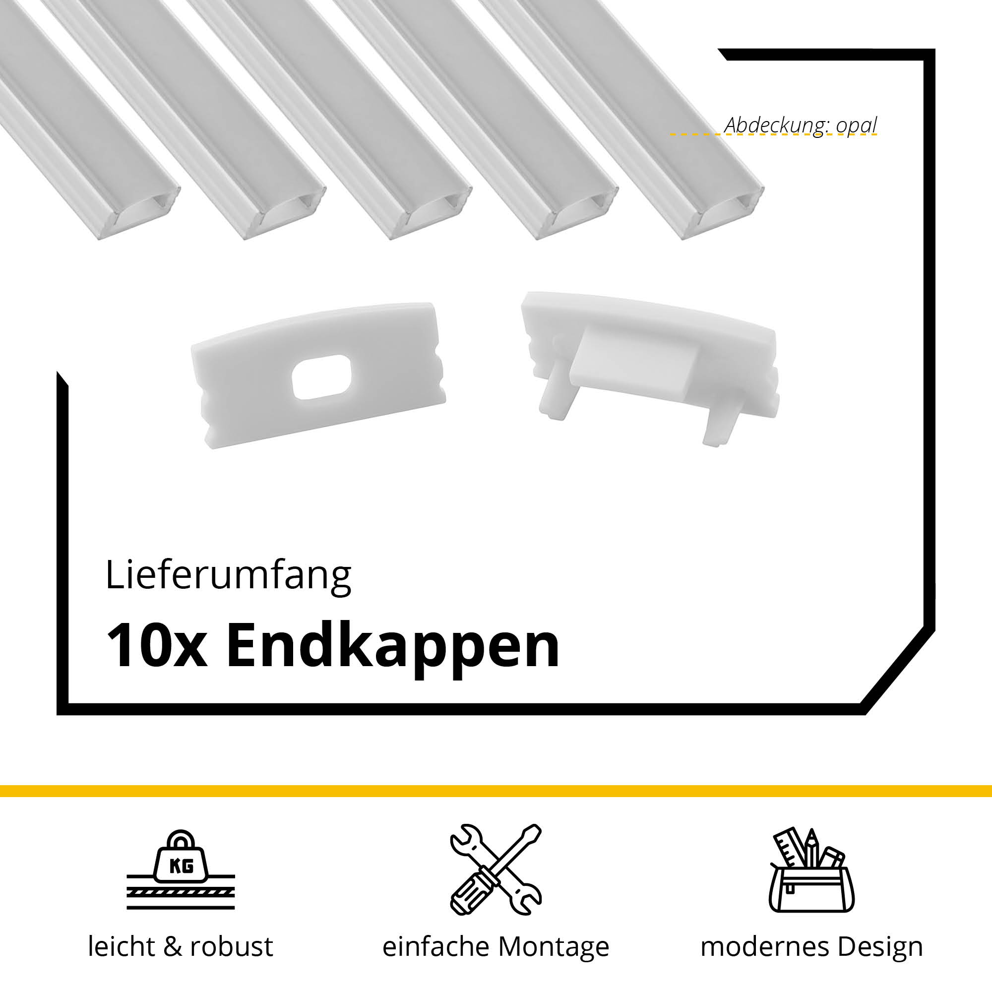 5x A17 LED Profil 2m - Weiss inkl. Abdeckung opal, Halter & Endkappen